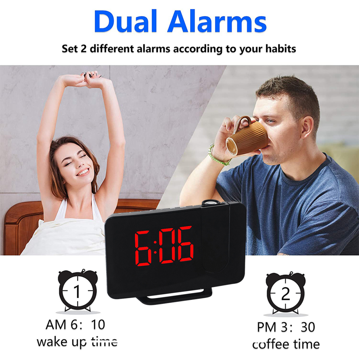 Eine Uhr mit der Zeit 6:06, eine sich streckende Frau und ein Mann, der Kaffee trinkt.