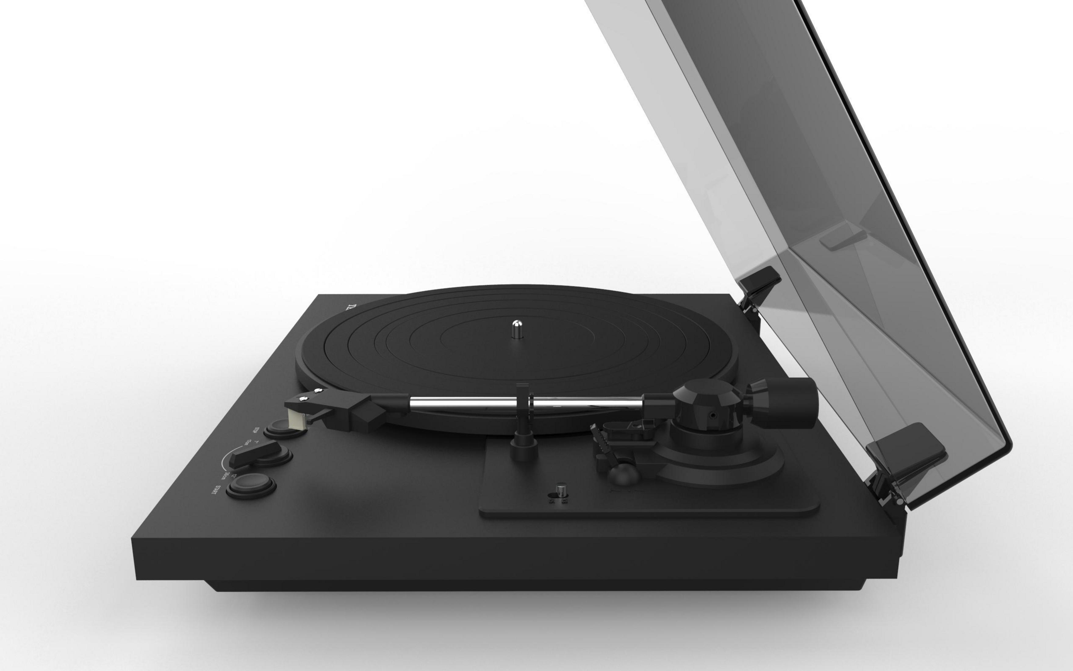 Czarny gramofon, widok z góry, z częściowo otwartą pokrywą. Talerz jest czarny.