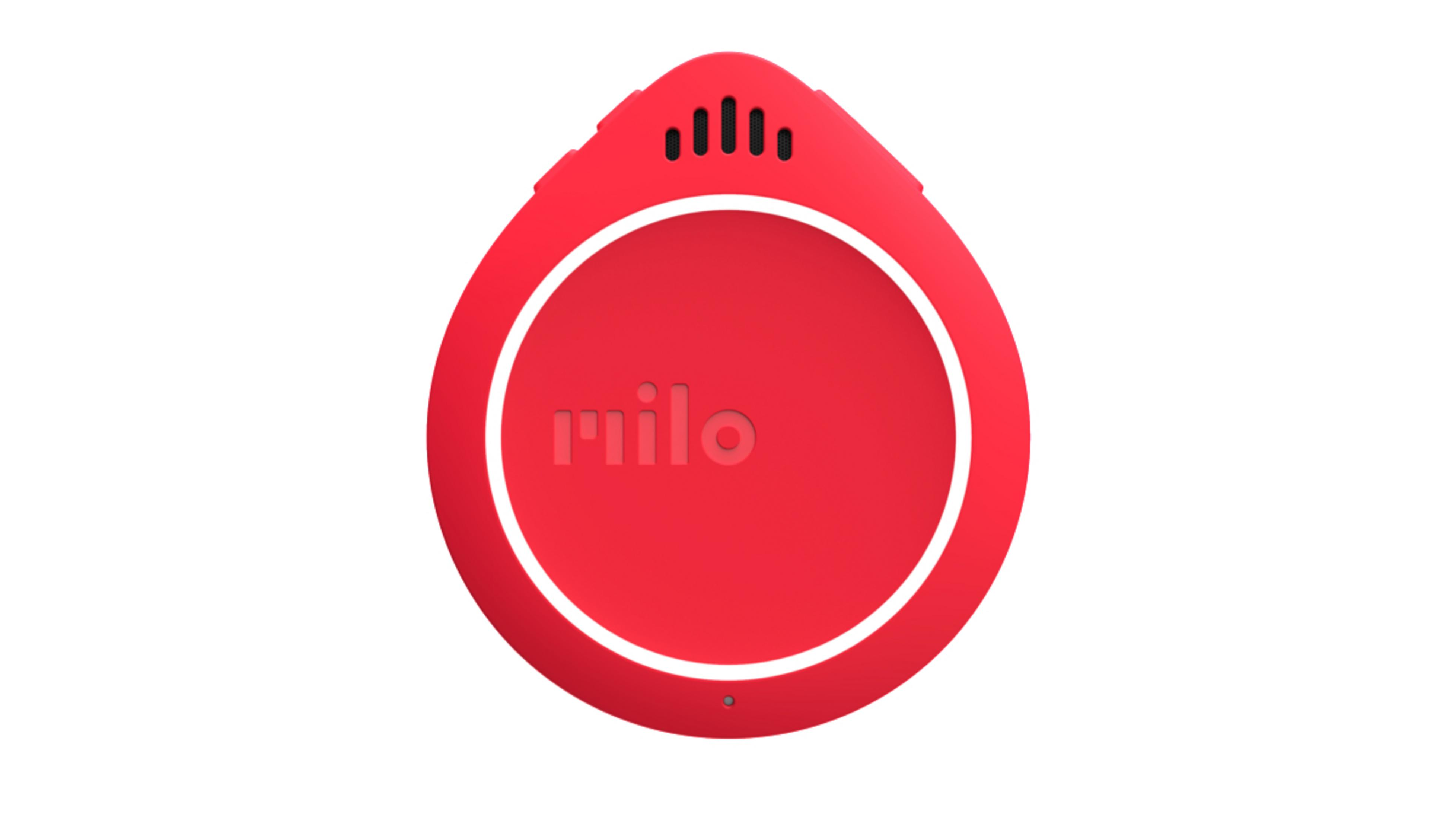 Un dispositivo circular rojo con un anillo blanco y la palabra 'milo' en el centro, sobre fondo blanco.