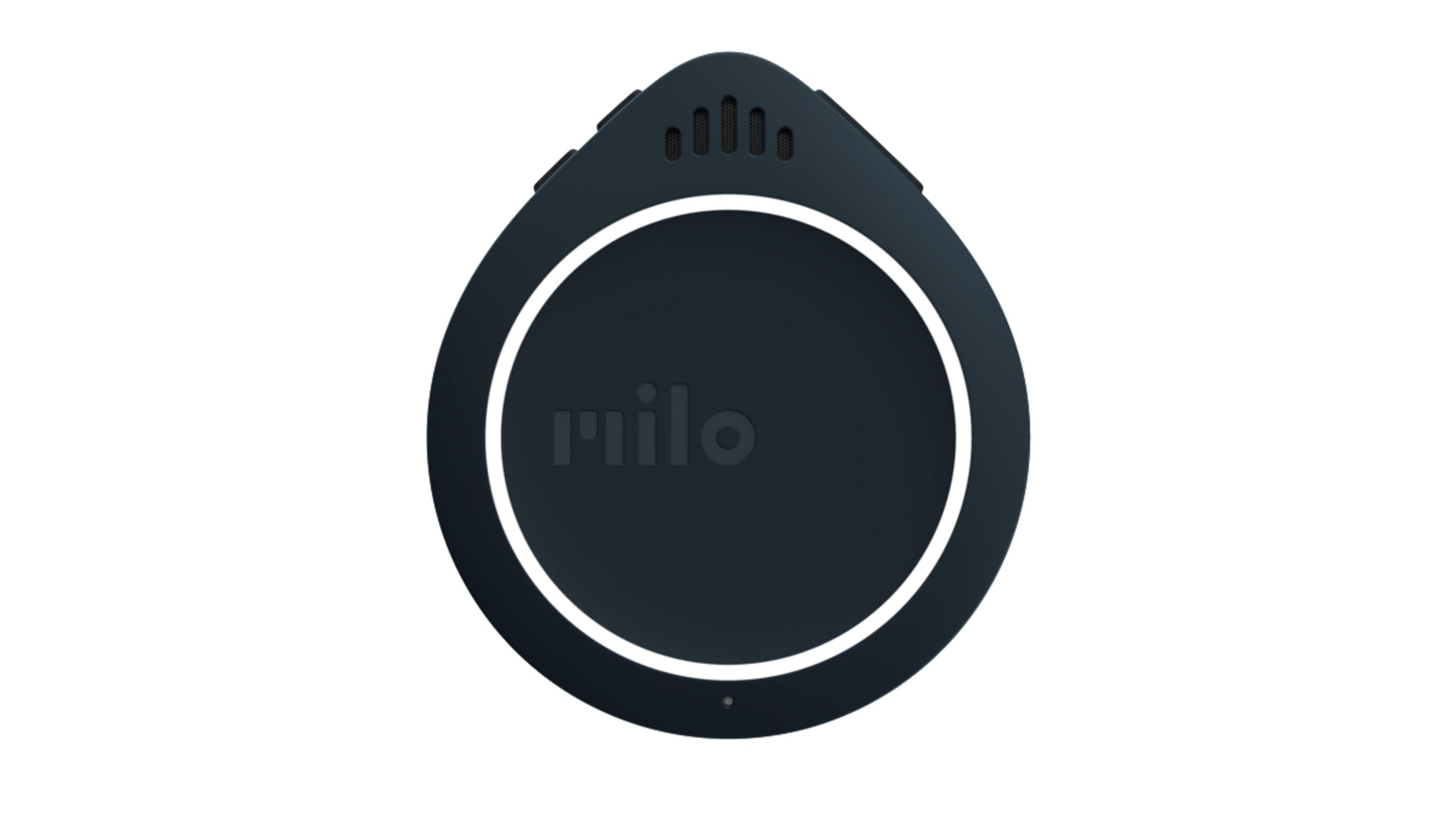 Schwarzes kreisförmiges Gerät mit dem Wort 'milo' in Weiß auf der Vorderseite, weißer Hintergrund.