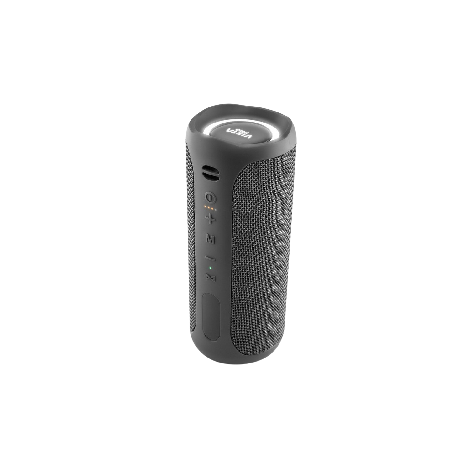 Un altavoz cilíndrico negro con controles y un anillo de luz en la parte superior.