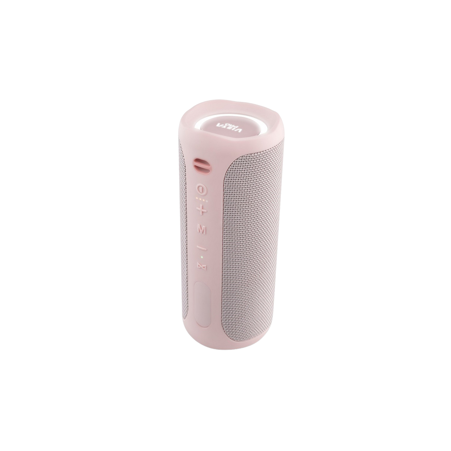 Un altavoz cilíndrico rosa con botones y una malla plateada.