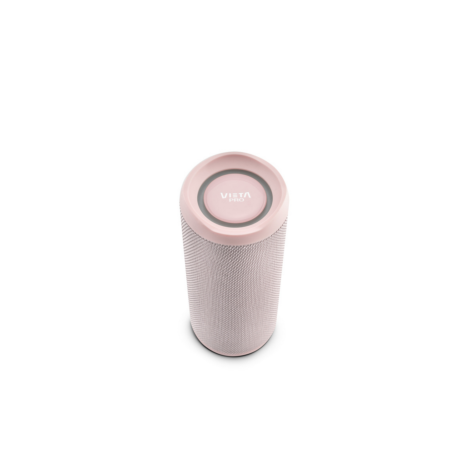 Altavoz cilíndrico rosa. Etiqueta Vista Pro. Fondo blanco.