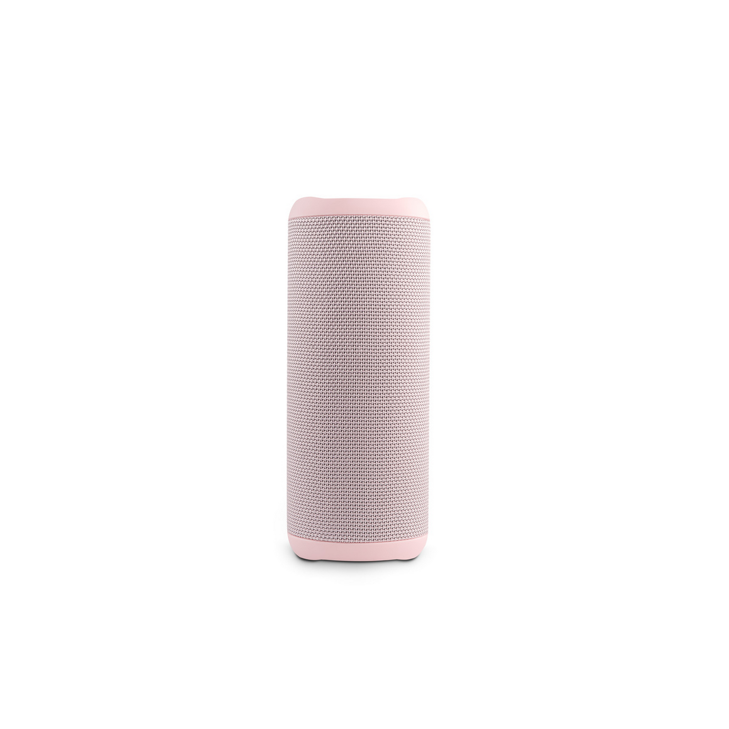 Altavoz cilíndrico rosa. El altavoz tiene un exterior de malla.