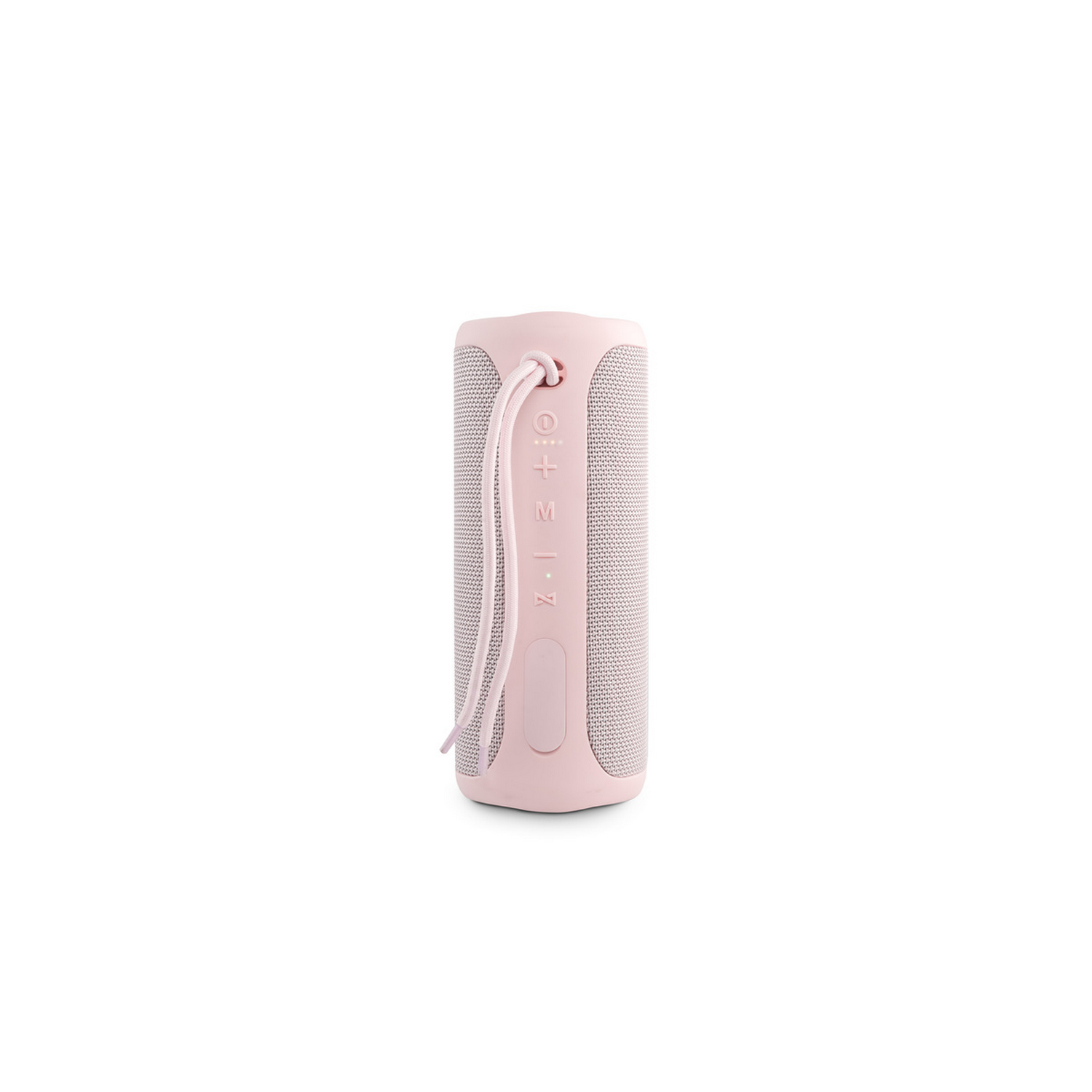 Altavoz portátil rosa, forma cilíndrica, fondo blanco.