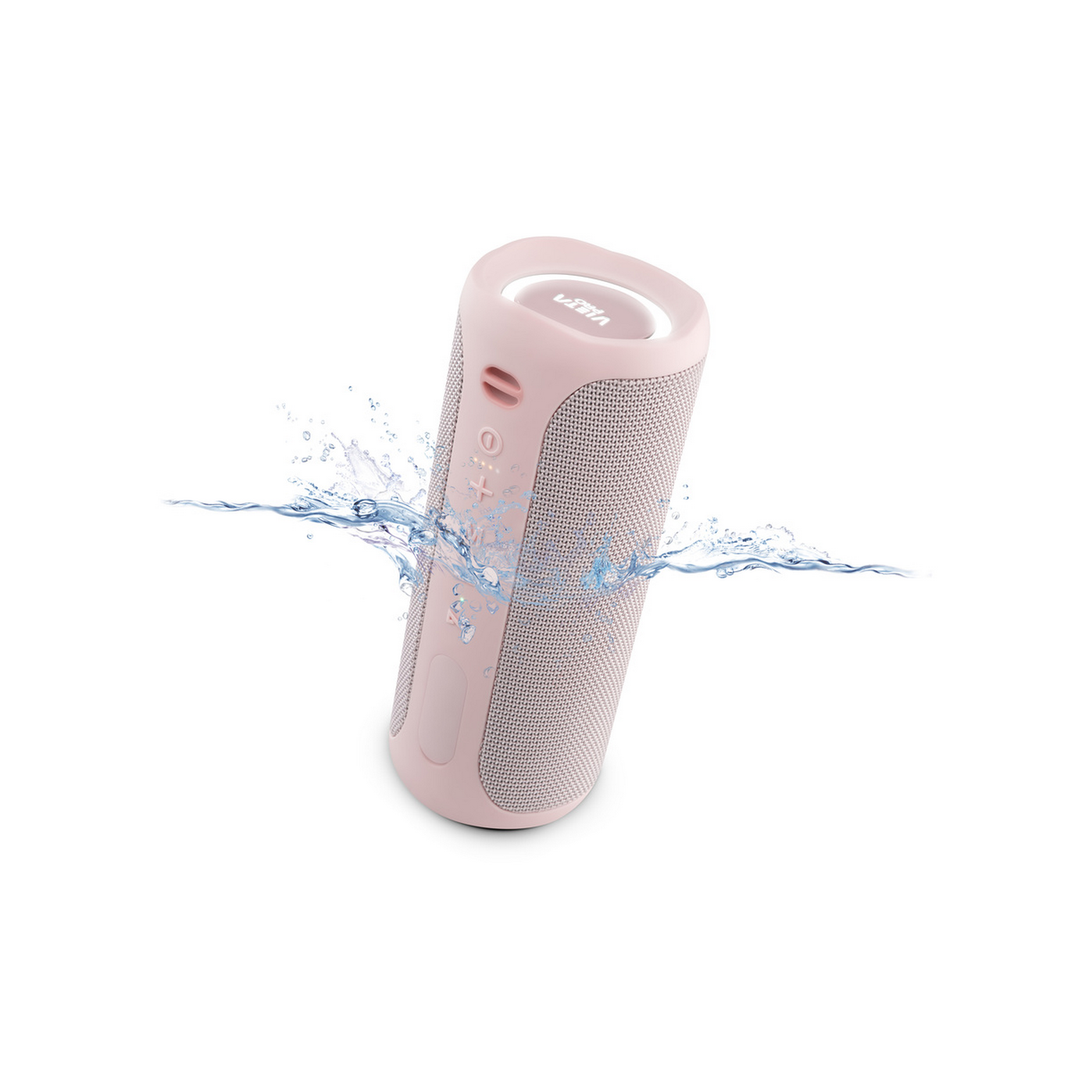 Un altavoz VAVA rosa con agua salpicando a su alrededor. El fondo es blanco, sugiriendo resistencia al agua.