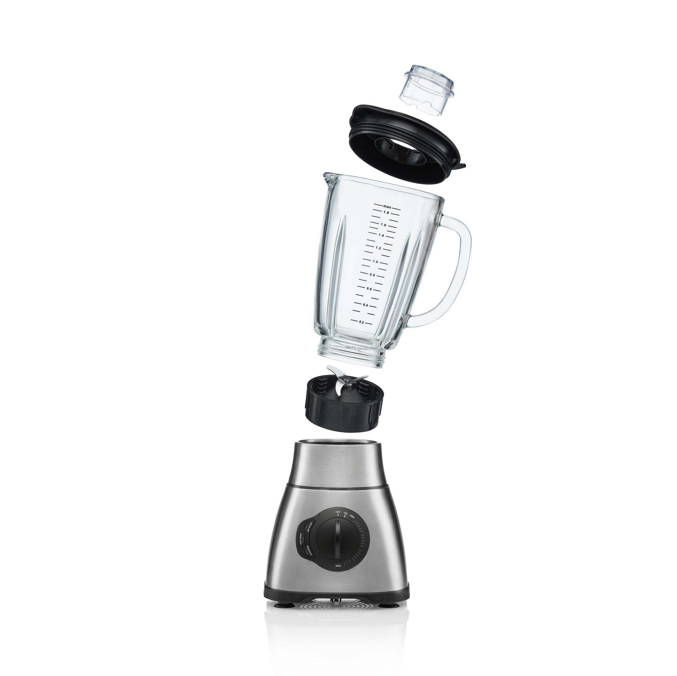 Ein Mixer wird zerlegt gezeigt. Teile umfassen eine Basis, ein Glas, einen Deckel und eine Kappe.