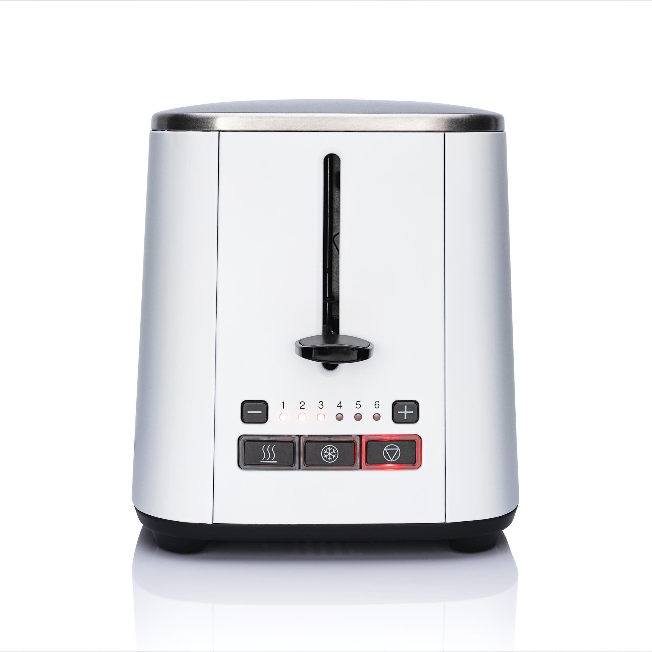 Silberner und schwarzer Toaster mit nummerierten Einstellungen und beleuchteten Knöpfen.