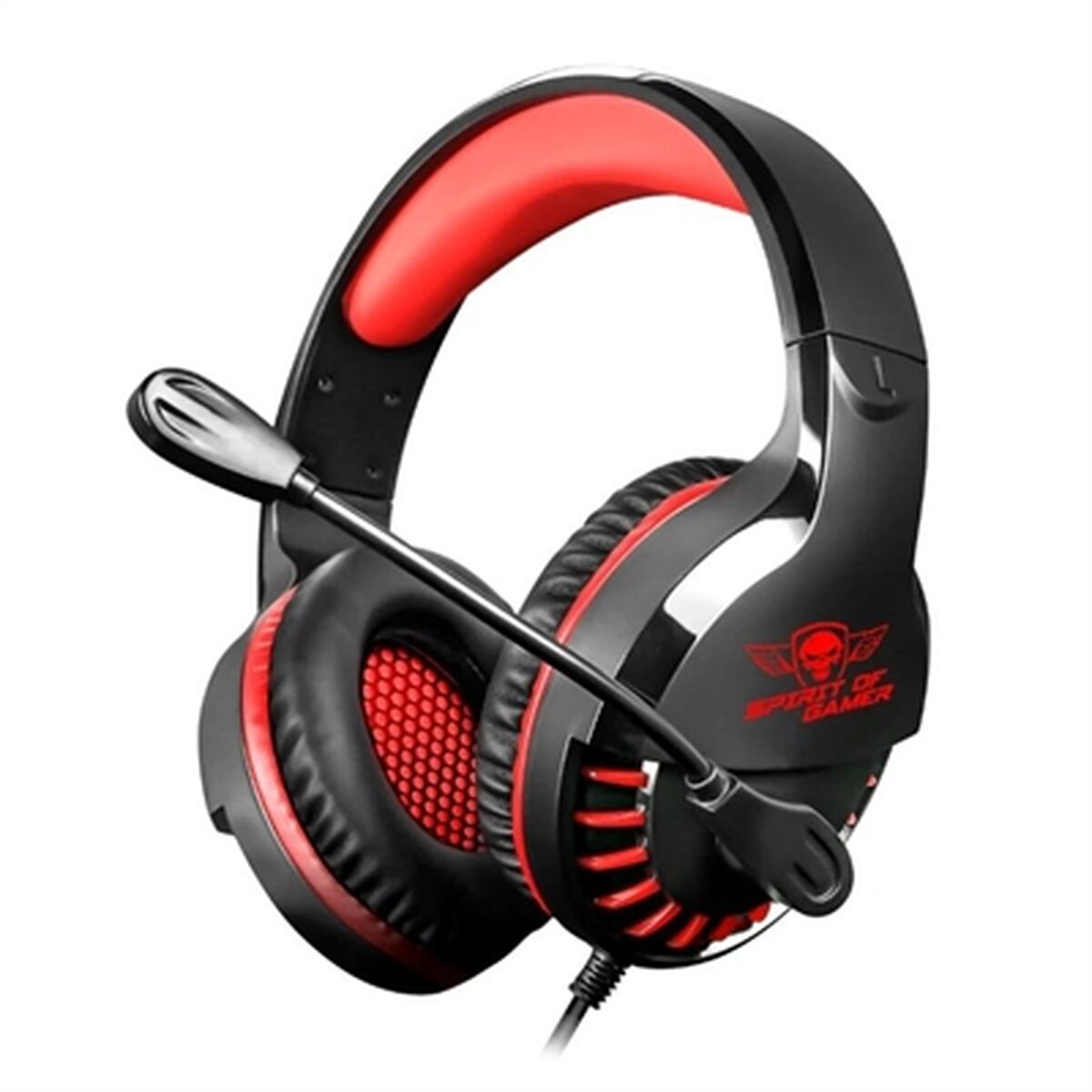 Schwarze und rote Gaming-Kopfhörer mit Mikrofon. Die Kopfhörer haben ein Totenkopf-Logo.