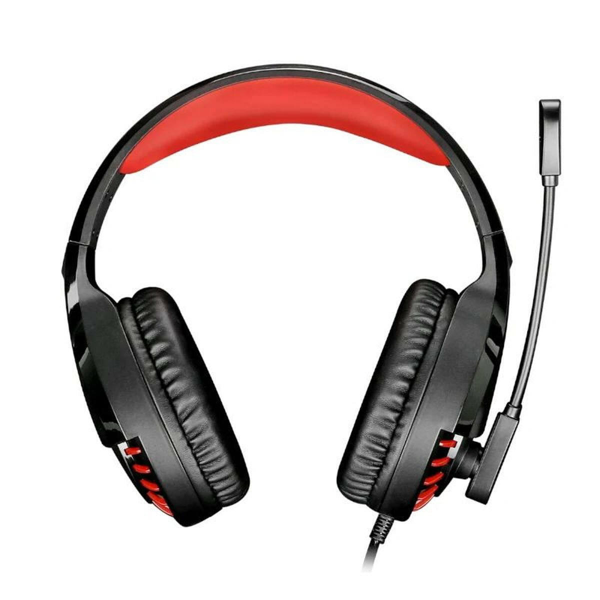 Schwarzes Gaming-Headset mit roten Akzenten. Enthält ein Mikrofon an einem flexiblen Arm. Kabelanschluss.
