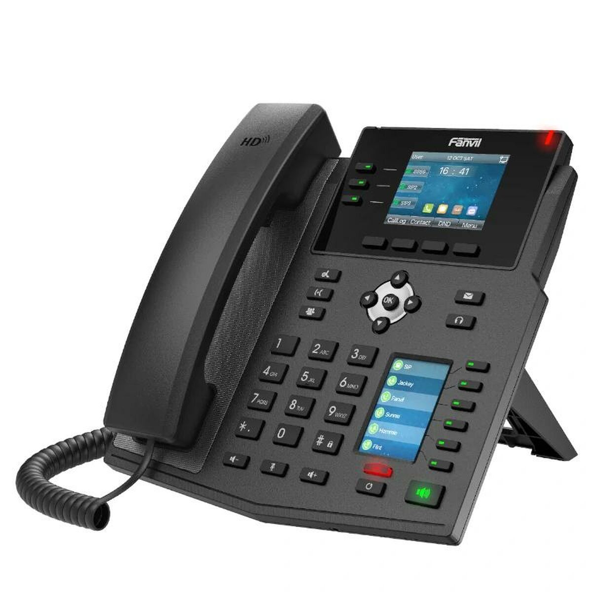 Ein schwarzes IP-Telefon mit Farbbildschirm und verschiedenen Tasten wird gezeigt.