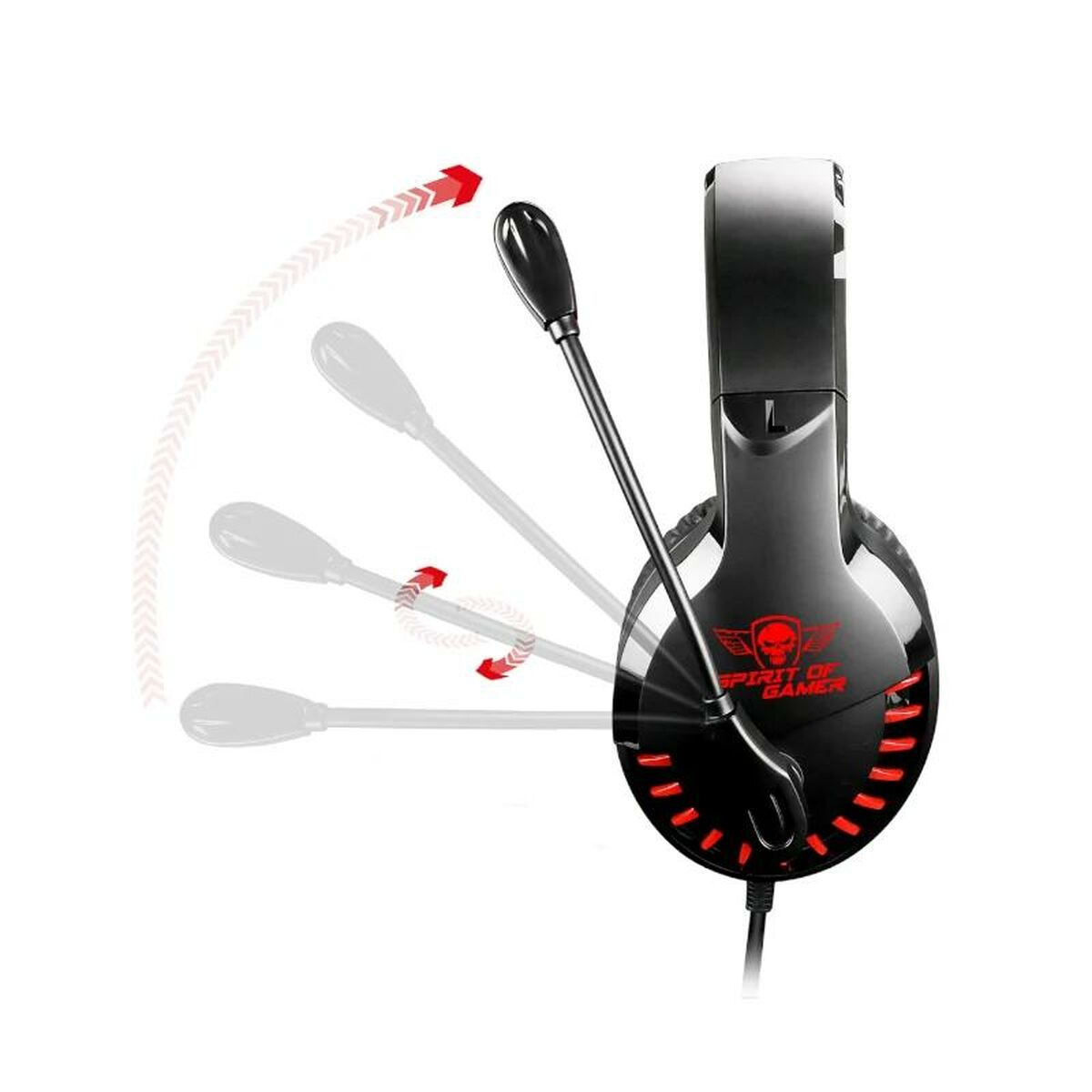 Ein schwarzes Headset mit Mikrofon. Es hat ein rotes Logo und einen drehbaren Mikrofonarm.