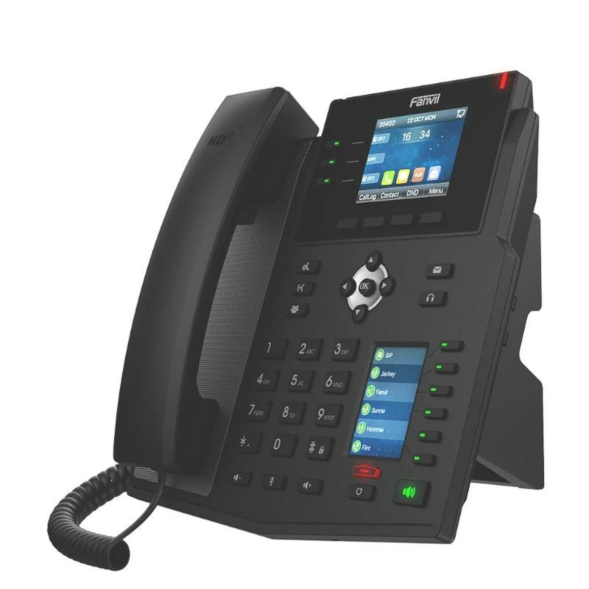 Schwarzes IP-Telefon. Großer Bildschirm, mehrere Tasten. Basis abgewinkelt. Schnurgebundenes Mobilteil.