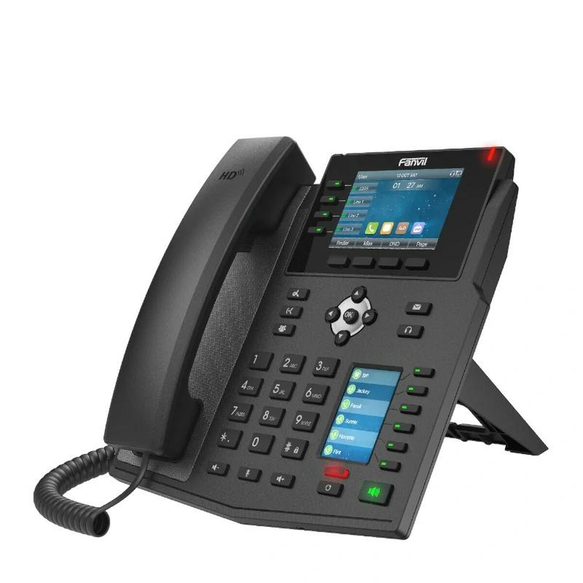 Schwarzes IP-Telefon mit Bildschirm, Knöpfen und Hörer. Es befindet sich auf weißem Hintergrund.