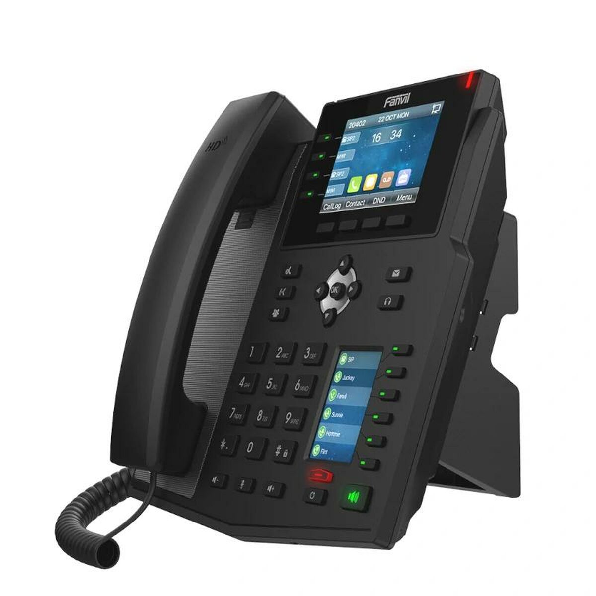 Ein schwarzes Bürotelefon mit Display, Tasten und Hörer, isoliert auf Weiß.