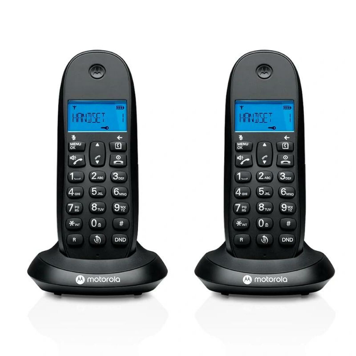 Zwei schwarze Motorola DECT-Telefone auf ihren Sockeln, mit blauem Display.