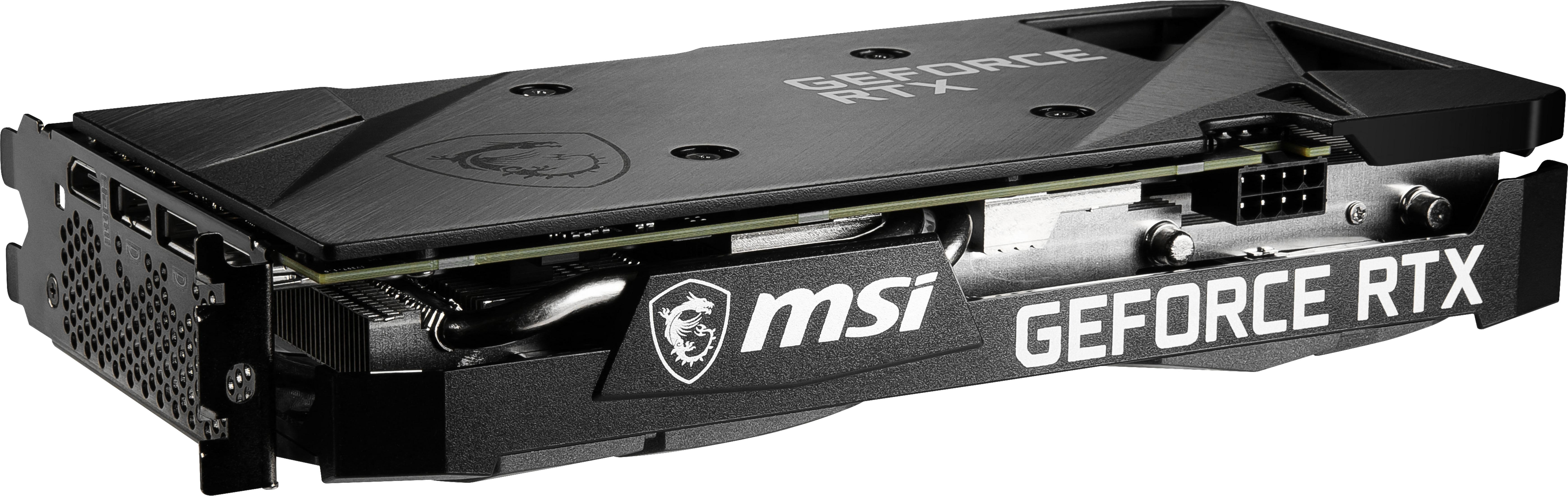 Siyah MSI GeForce RTX grafik kartı, açılı görünüm, yakın çekim.