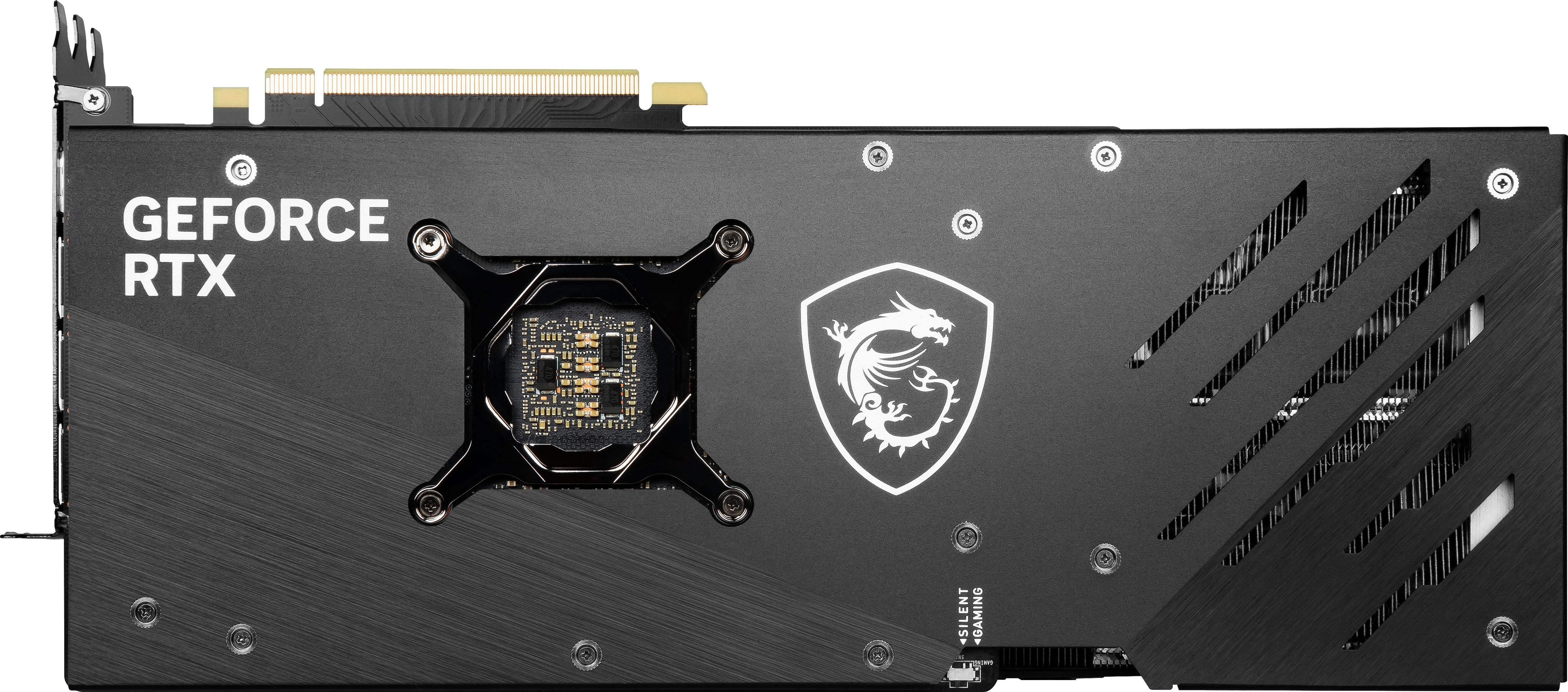 Rückseite einer schwarzen MSI GeForce RTX Grafikkarte. Zeigt Logo und Kühlsystem.