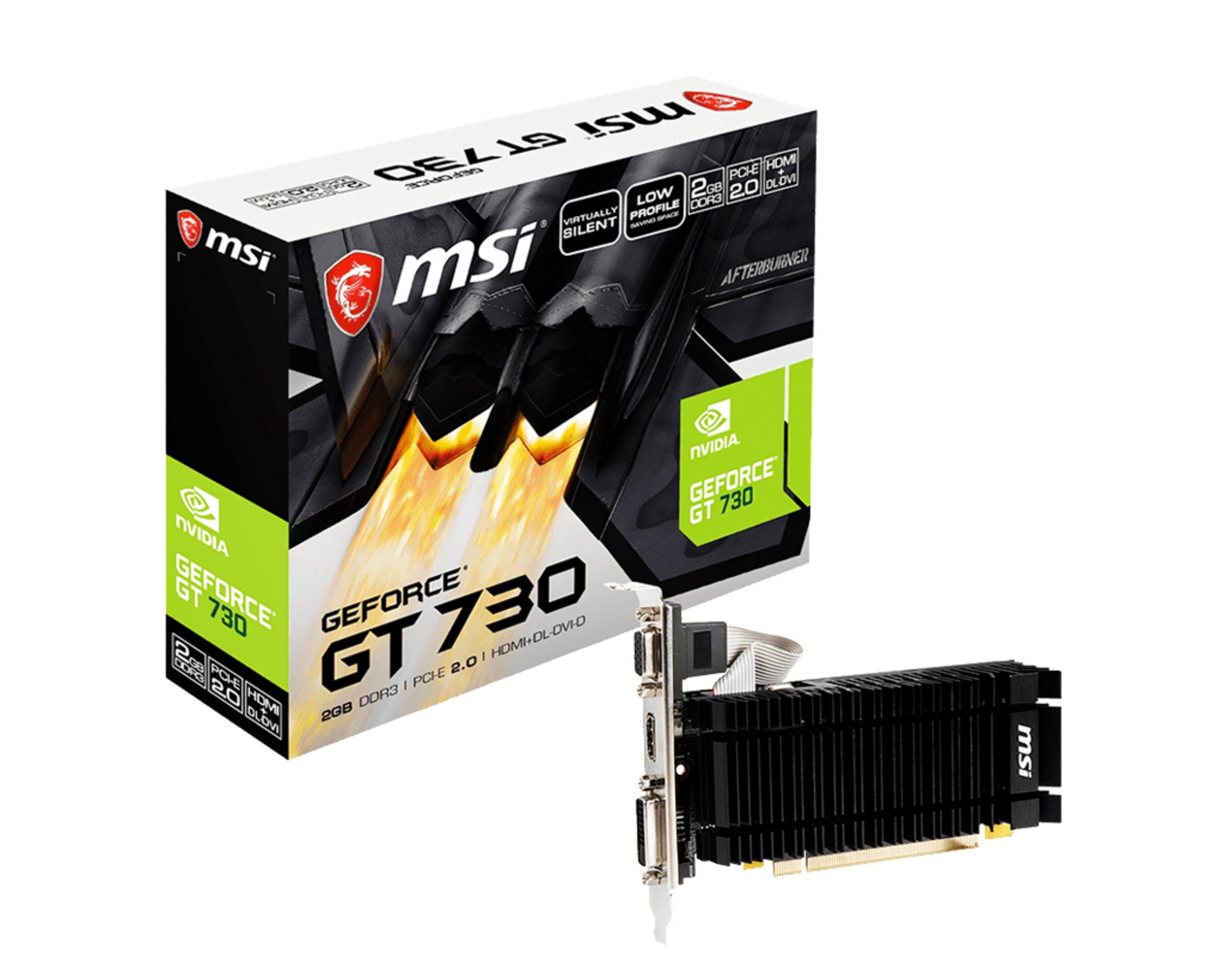 Scheda grafica MSI GeForce GT 730 e la sua scatola. I colori verde e nero dominano la scatola.