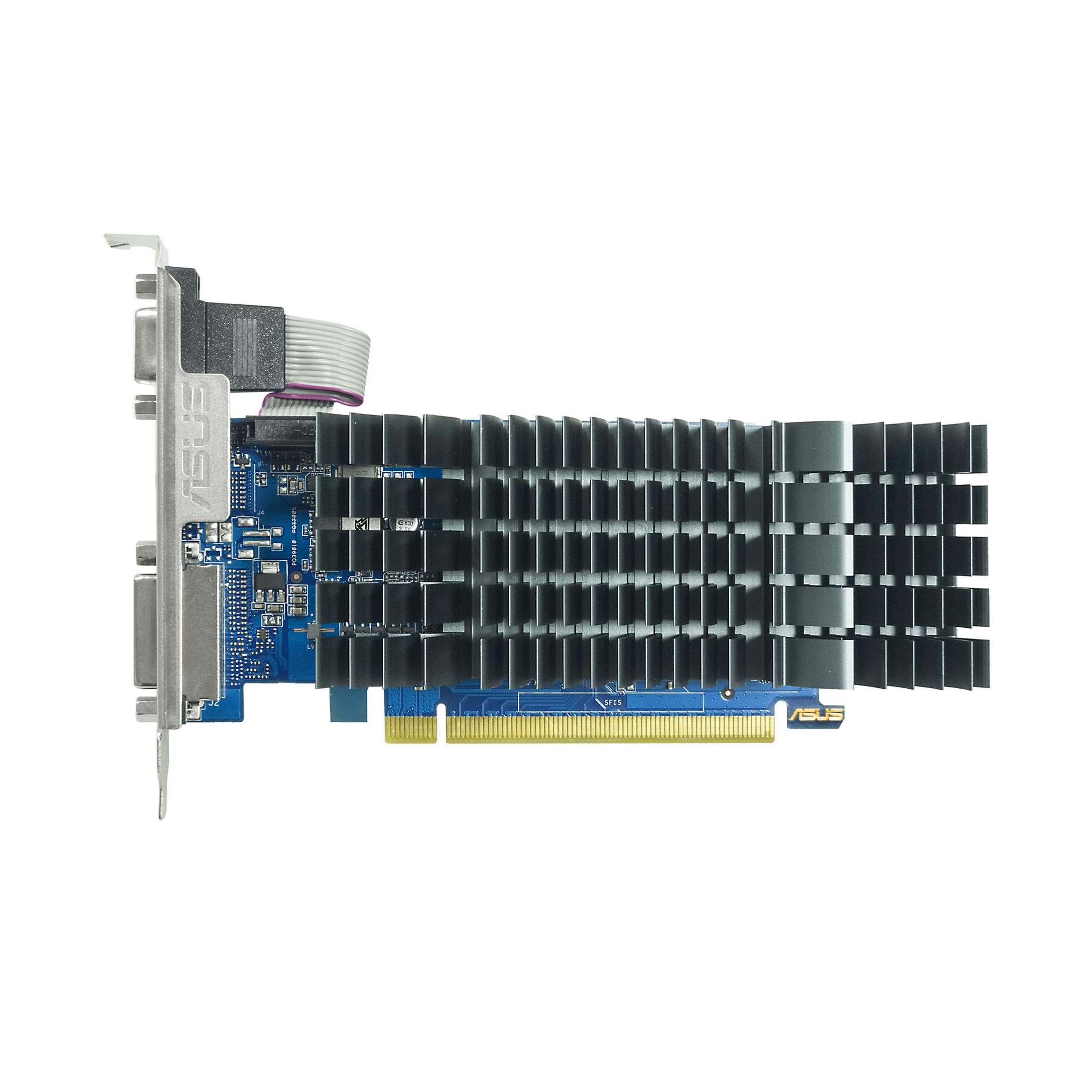 Scheda grafica per computer blu e argento con dissipatori di calore. È su uno sfondo bianco.