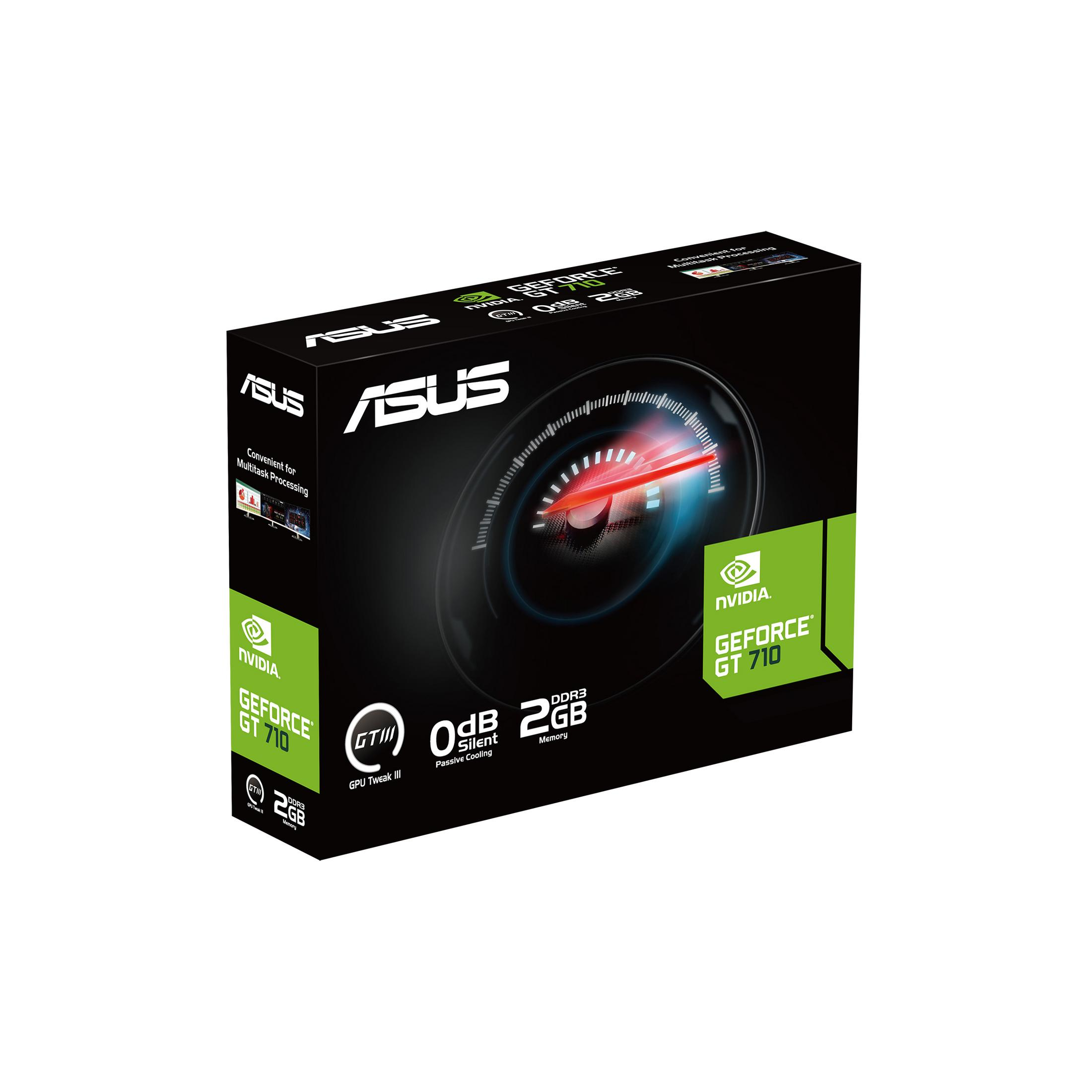 Scatola scheda grafica Asus con testo e loghi su sfondo bianco.