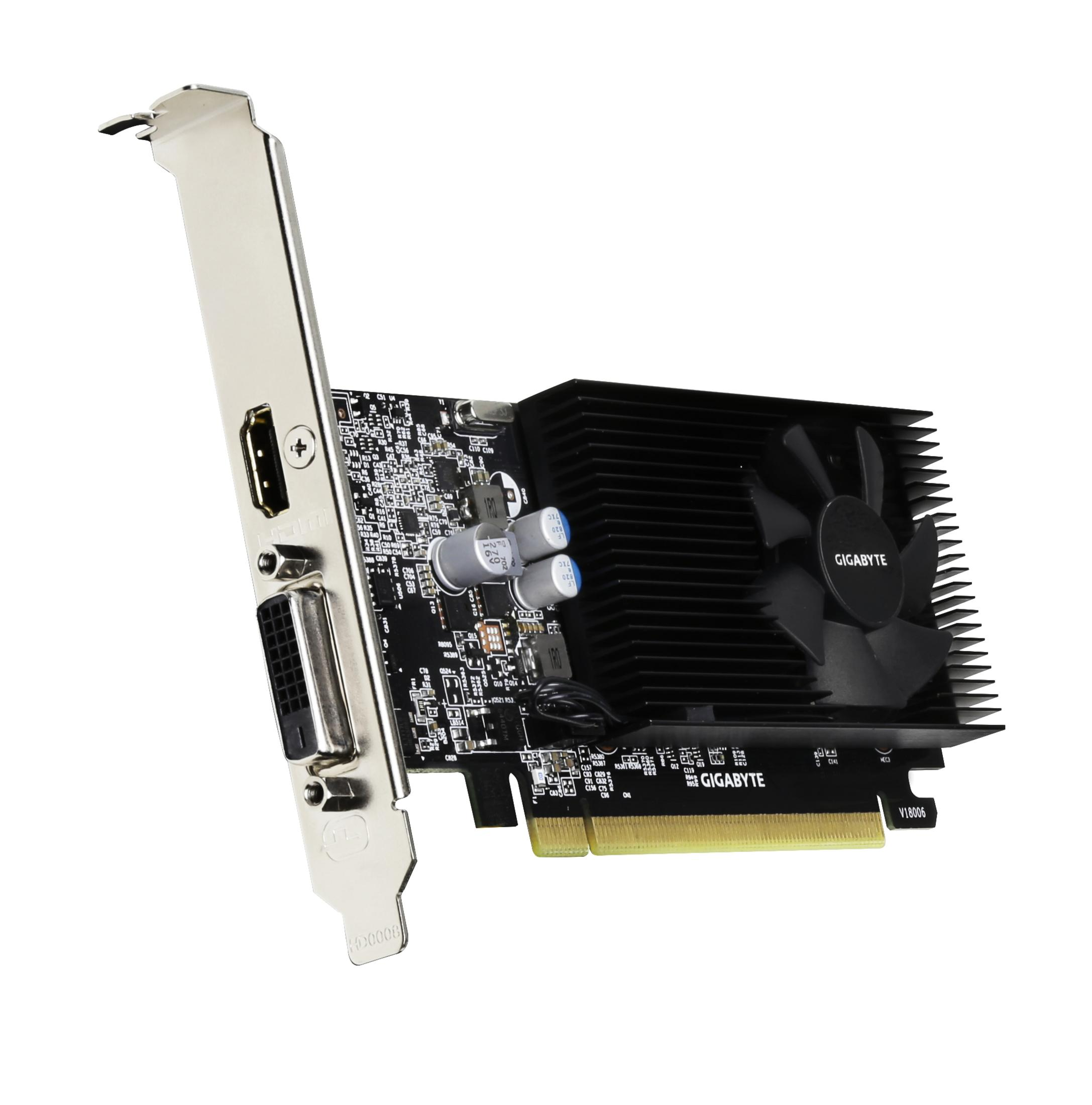 Karta graficzna z wentylatorem i wieloma portami. Białe tło.