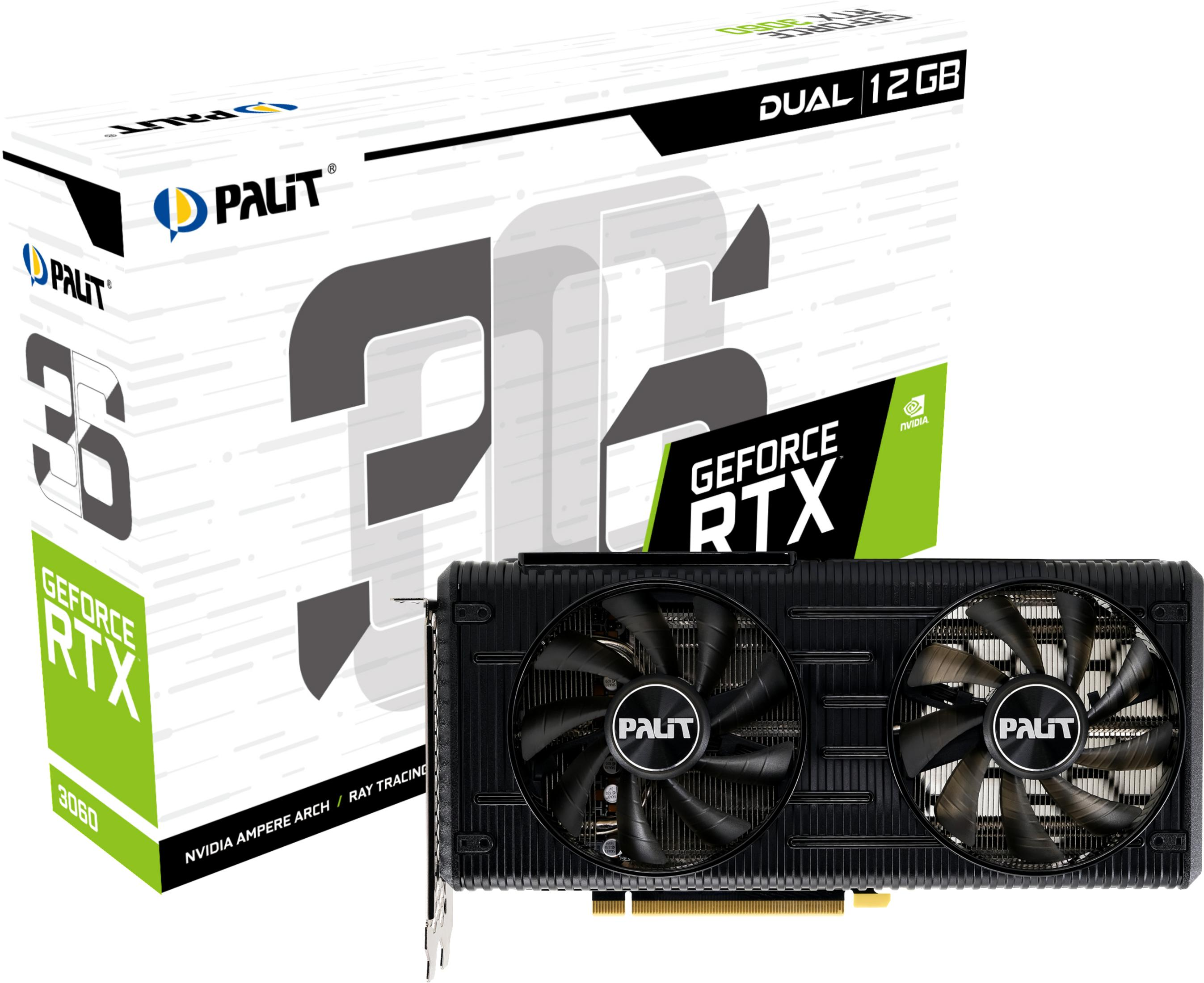 Karta graficzna przed swoim pudełkiem. Pudełko jest białe z logo Palit i GeForce RTX.