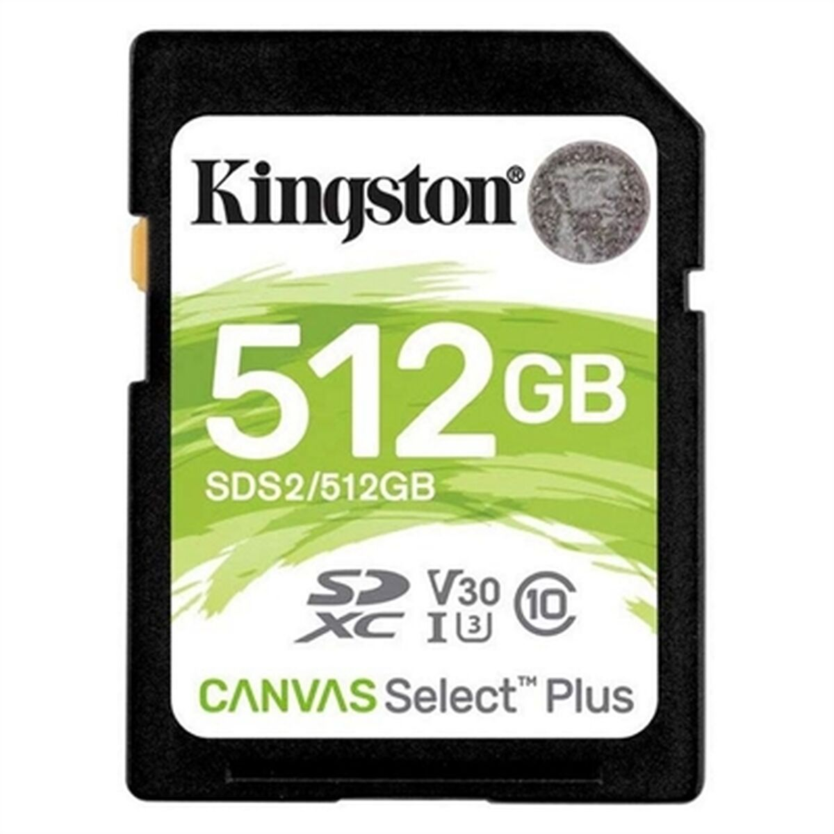 Una tarjeta SD Kingston negra con una etiqueta de 512GB.