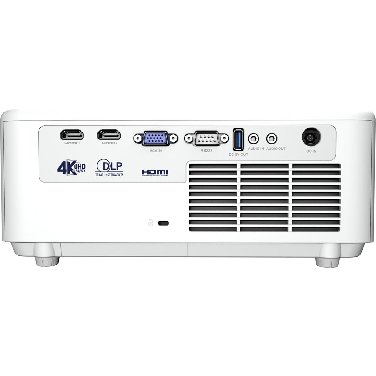 Biały projektor z portami HDMI, VGA i audio z tyłu. Posiada logo 4K UHD i DLP.