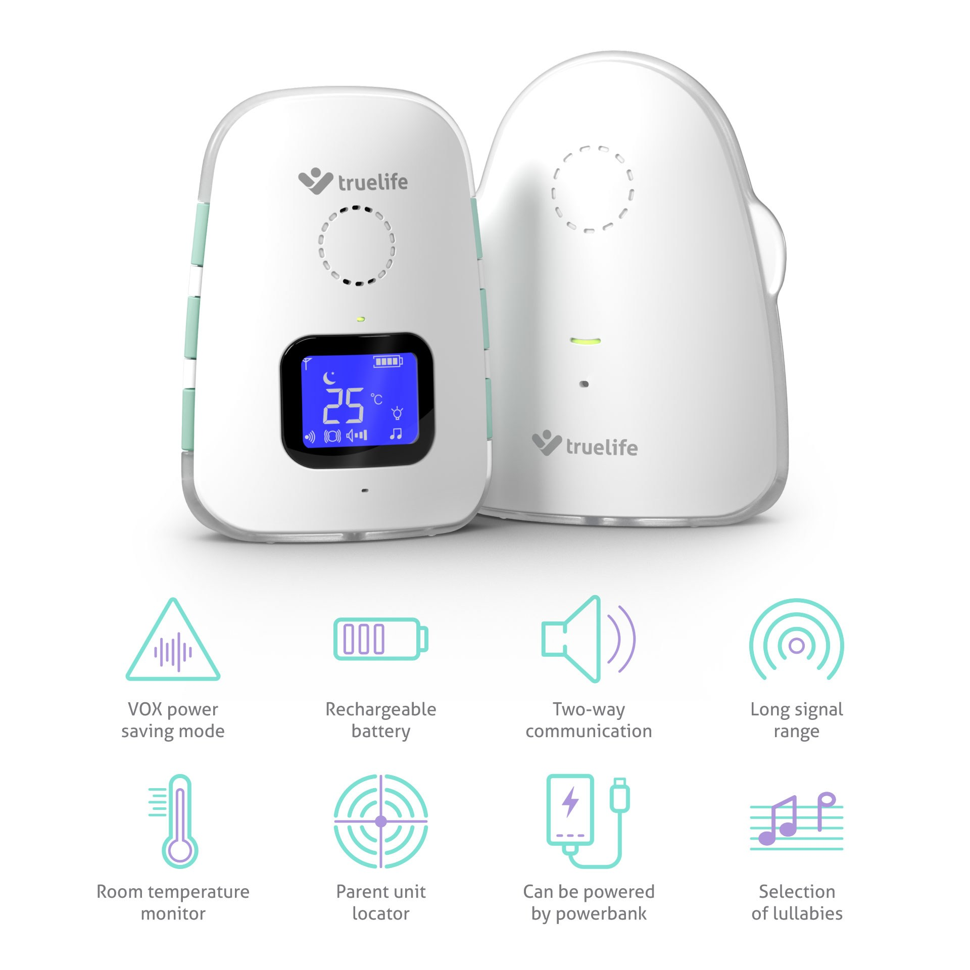 Dwa białe nianie elektroniczne z ikonami ilustrującymi funkcje na białej powierzchni.