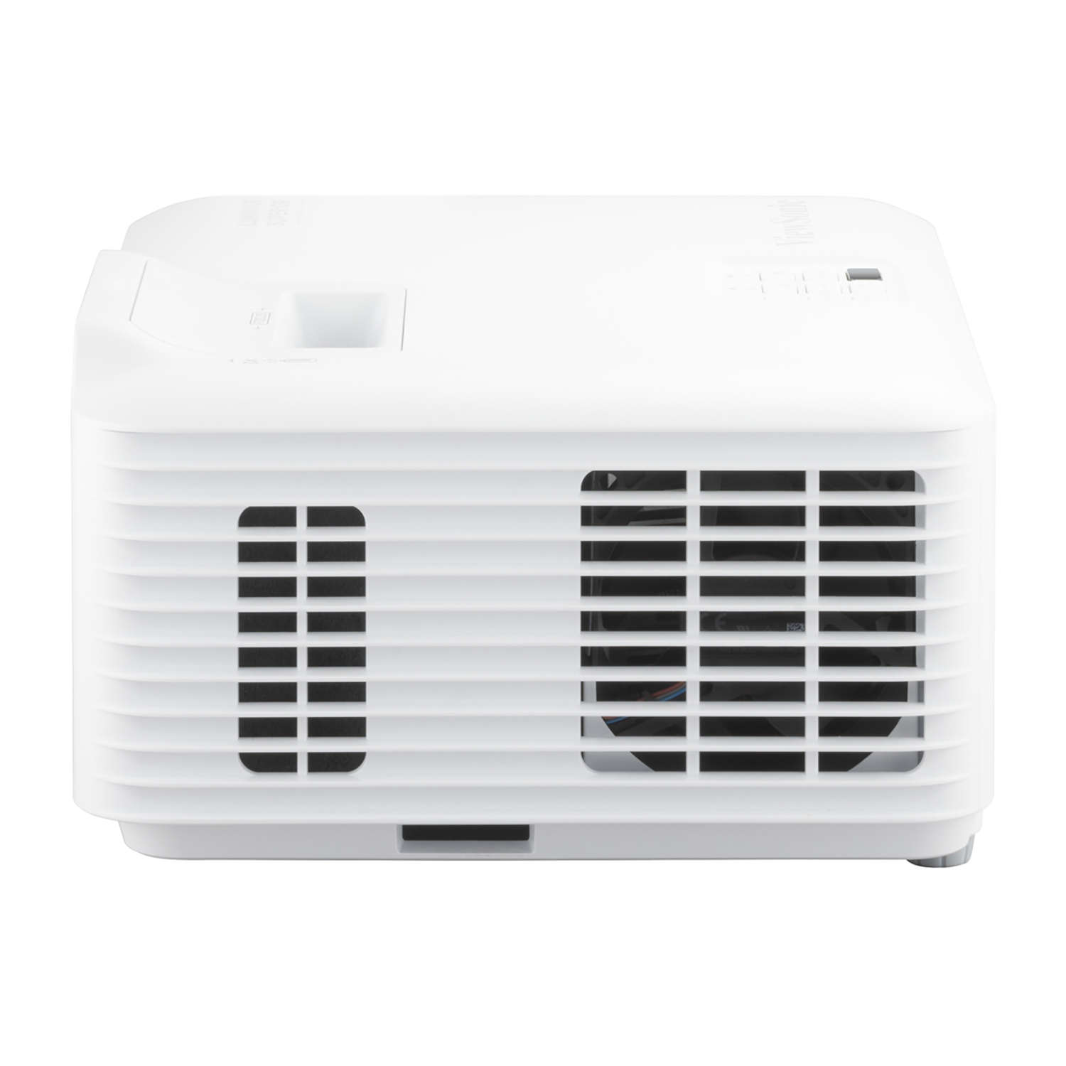 Biały projektor z czarnymi otworami wentylacyjnymi i portami. Ma logo ViewSonic i znajduje się na białym tle.