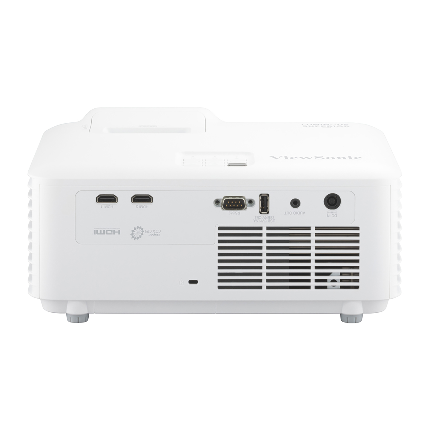 Biały projektor ViewSonic z tyłu z wejściami i wentylatorem.