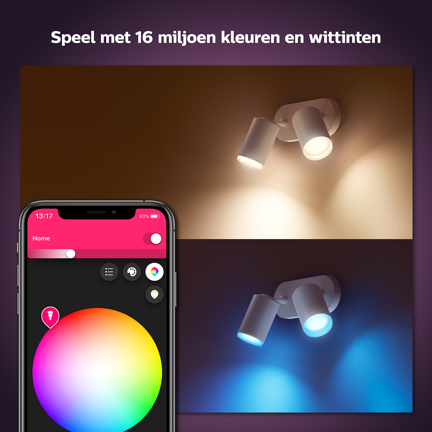 Smartfon na kolorowym tle z aplikacją pokazującą koło barw i światła. Tło jest fioletowe.