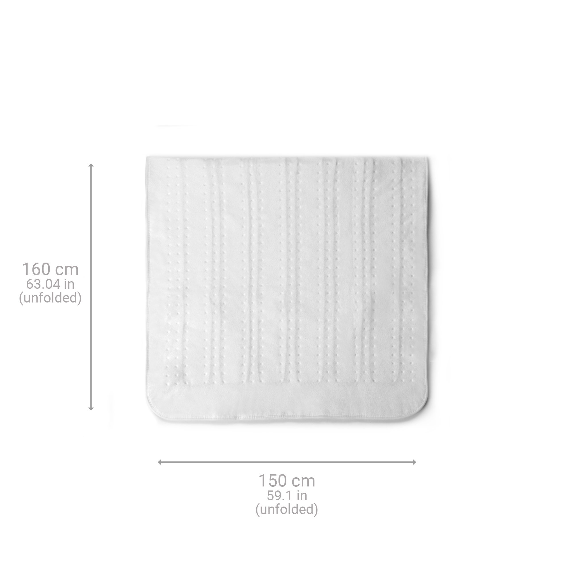 Biały, rozłożony koc z pionowymi liniami i wymiarami w cm i calach.