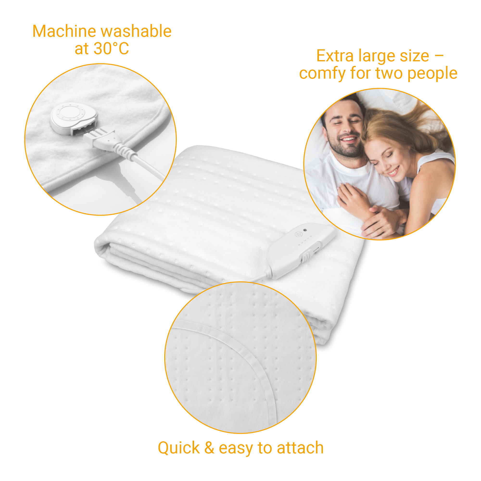 Biały koc elektryczny z kontrolą i kablem zasilającym. Teksty: można prać w pralce, wygodny dla dwojga.