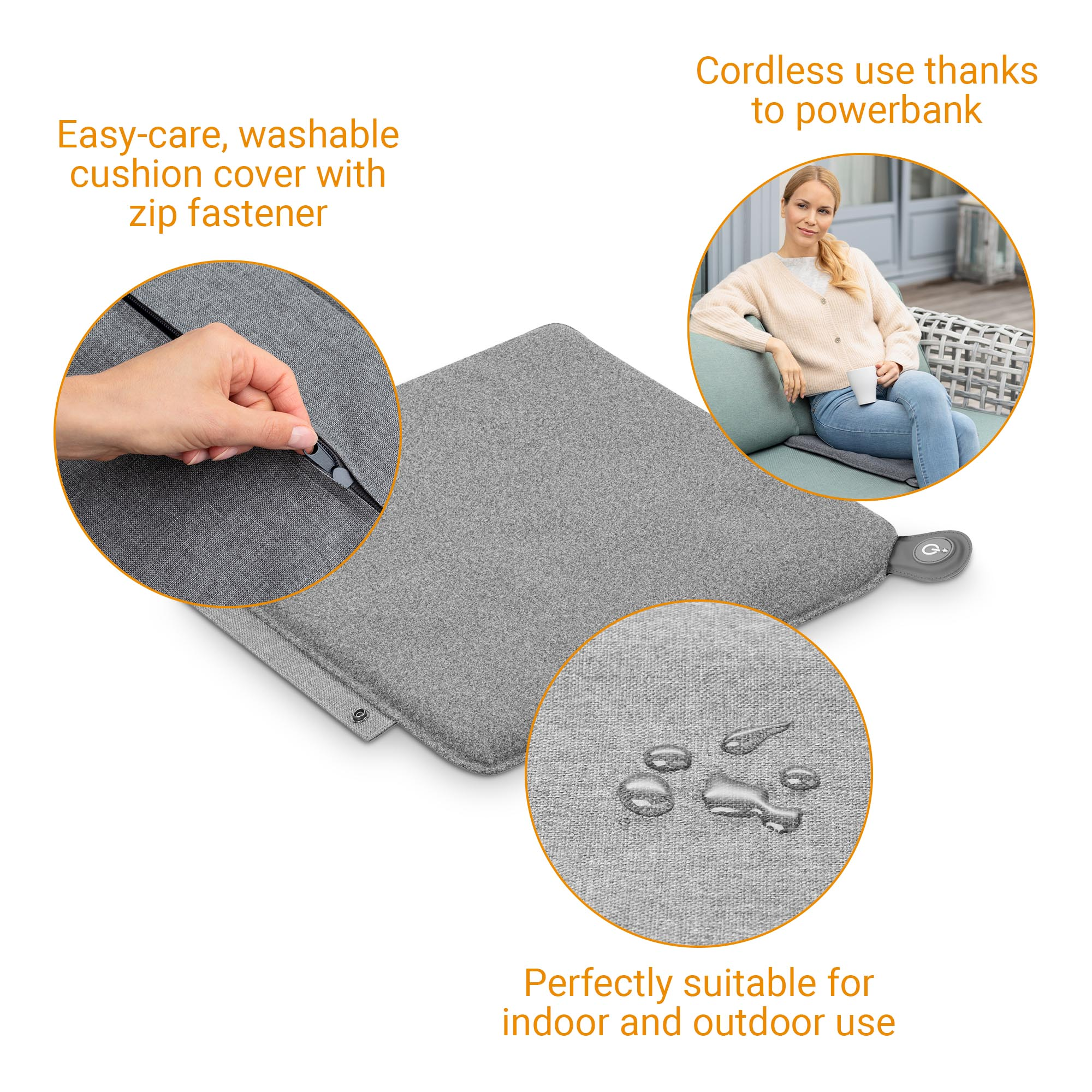 Gray cushion with a zipper, suitable for indoor and outdoor use. Woman sitting in background.