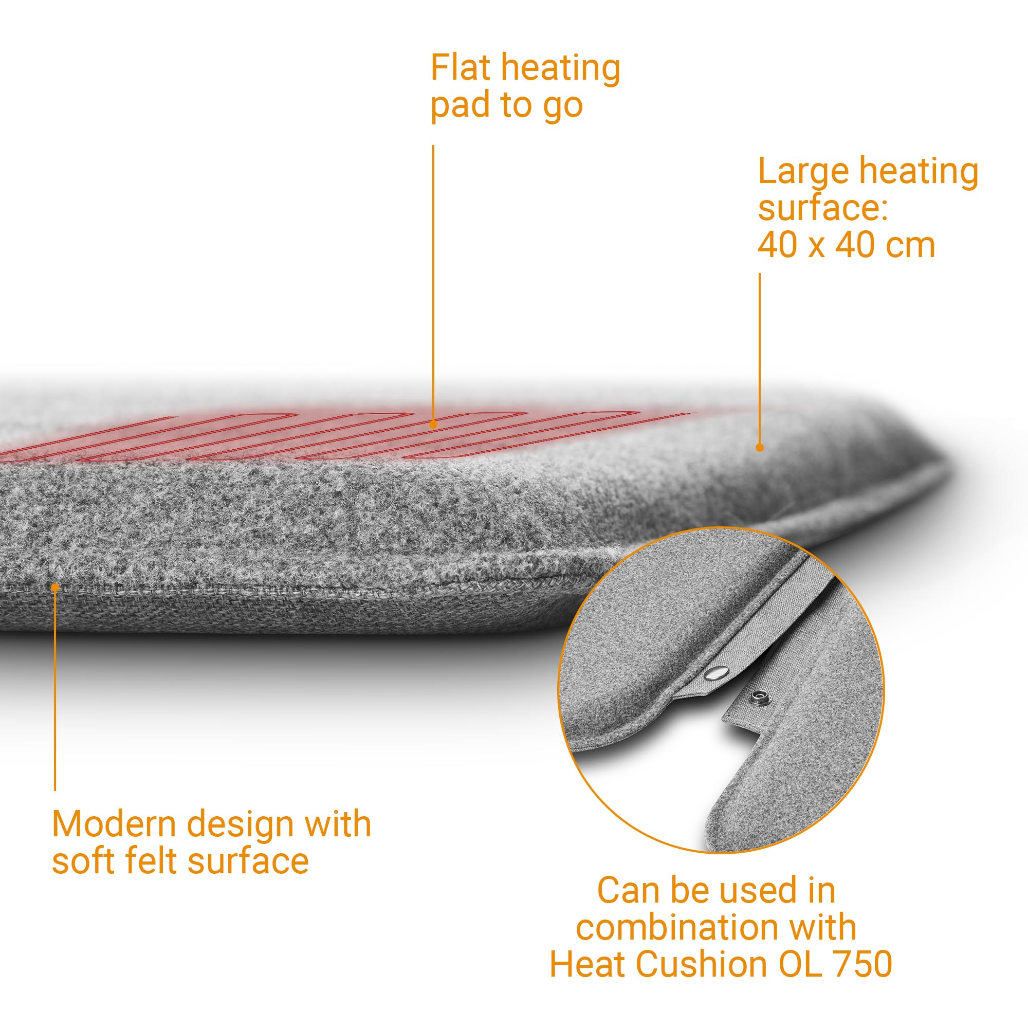Grey felt heating pad. Marked: Modern design, large heating surface, flat heating pad to go, and can be used with Heat Cushion.