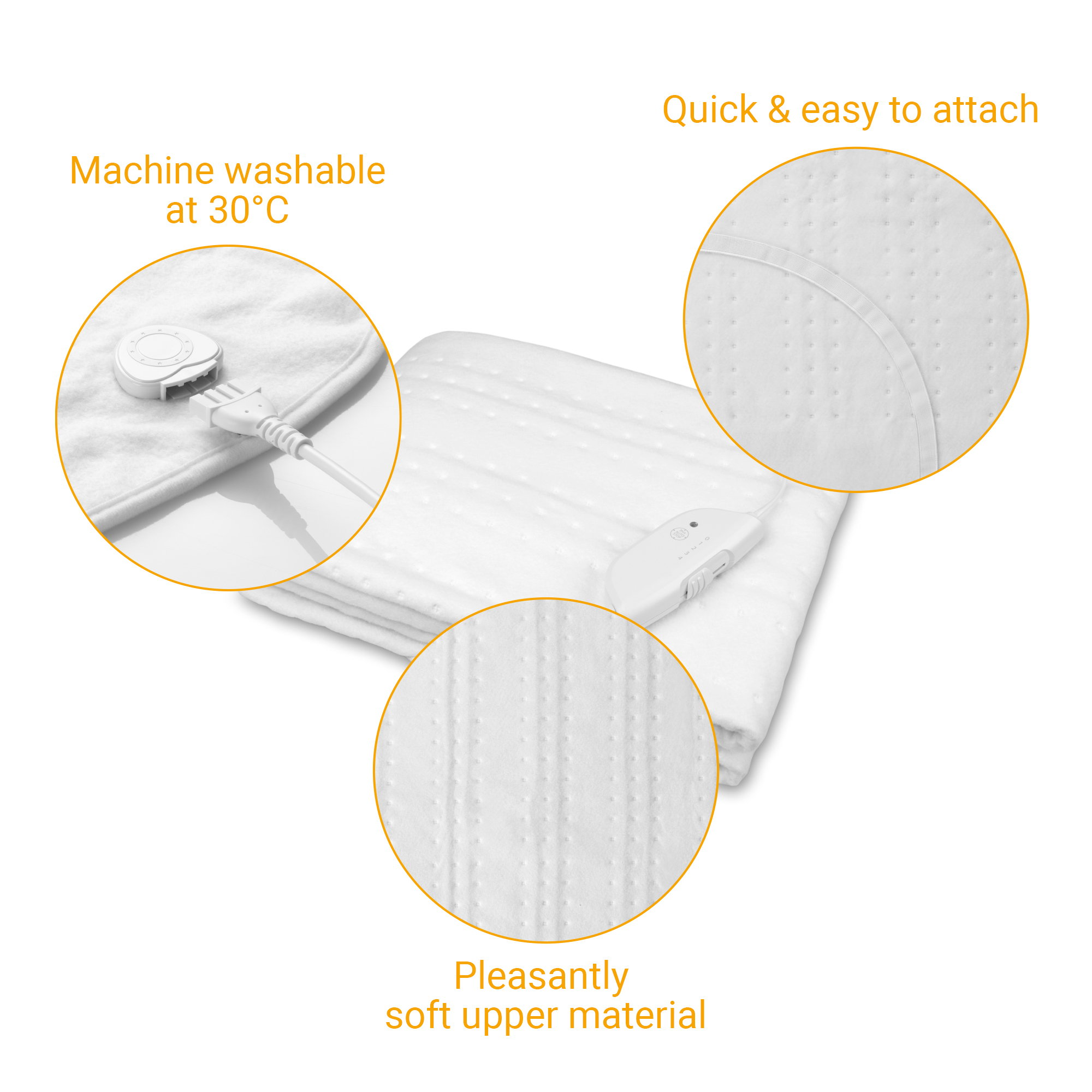 Biała elektryczna poduszka grzewcza z kontrolerem i szczegółami. Białe tło.