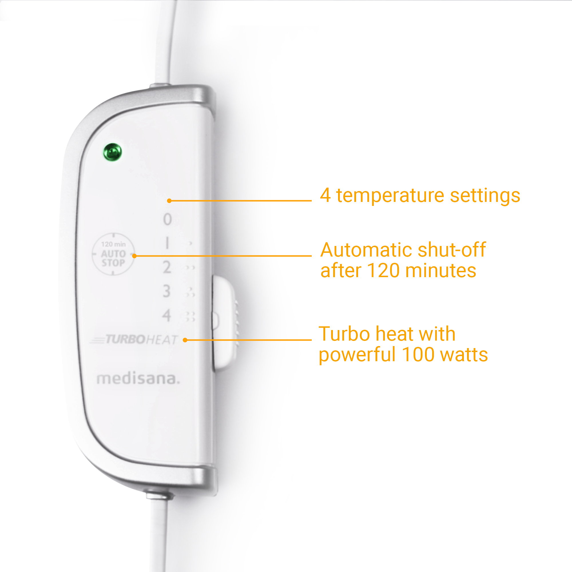 A white TurboHeat control with 4 settings, automatic shut-off after 120 minutes, 100 watts.