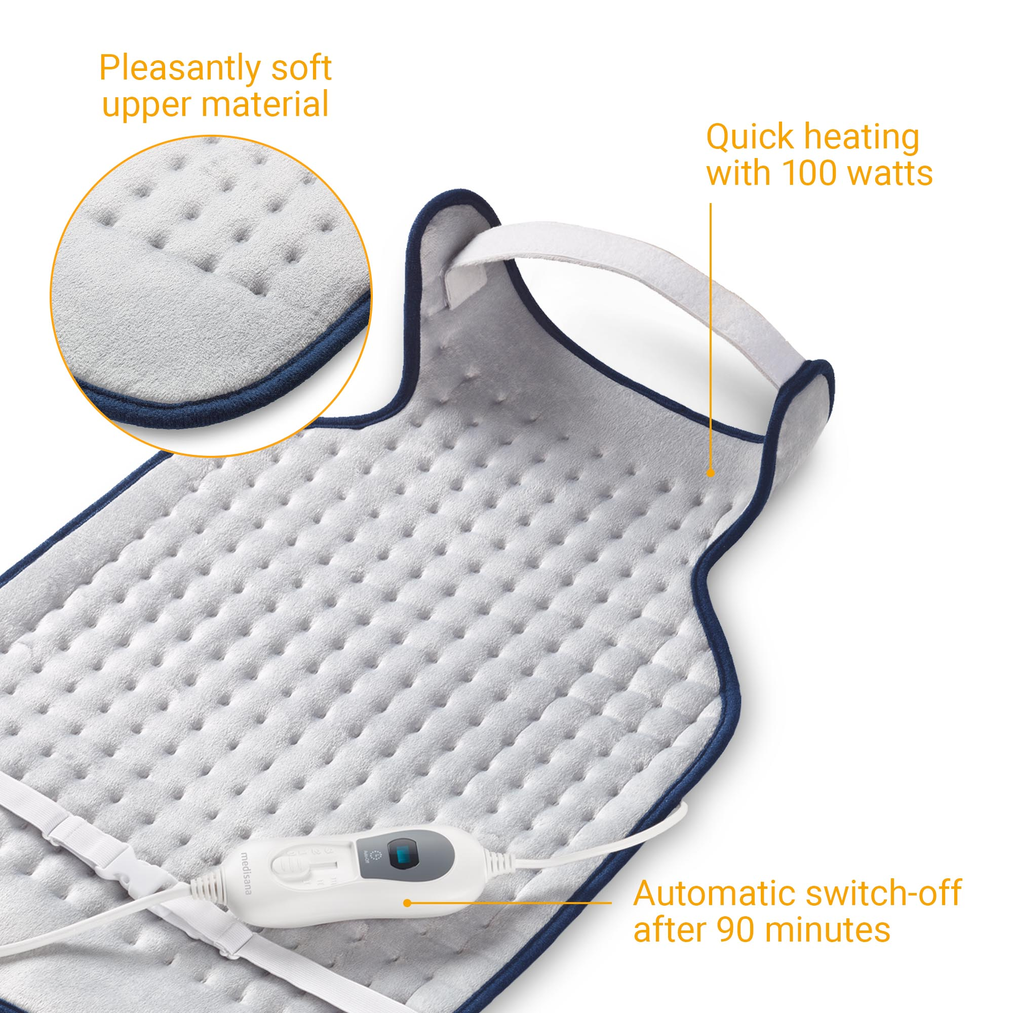 Poduszka grzewcza z kontrolerem, kolory biały i niebieski. Białe tło.