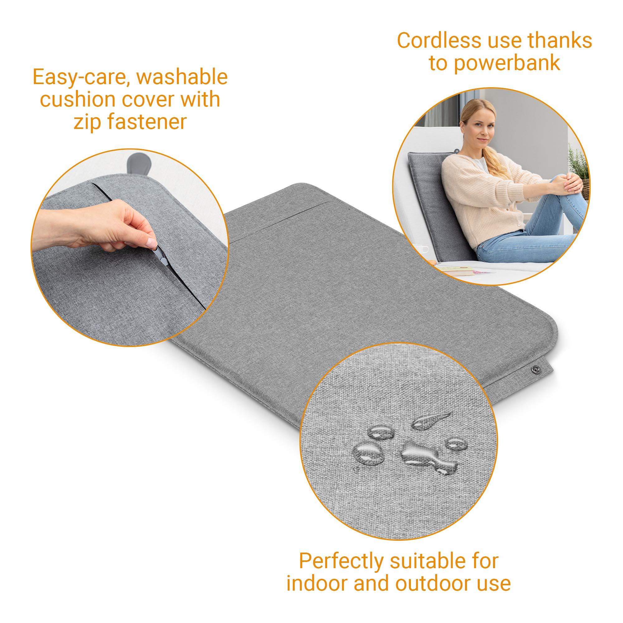 Zbliżenie szarej poszewki na poduszkę z zamkiem błyskawicznym i kobieta siedząca na łóżku z poduszką.