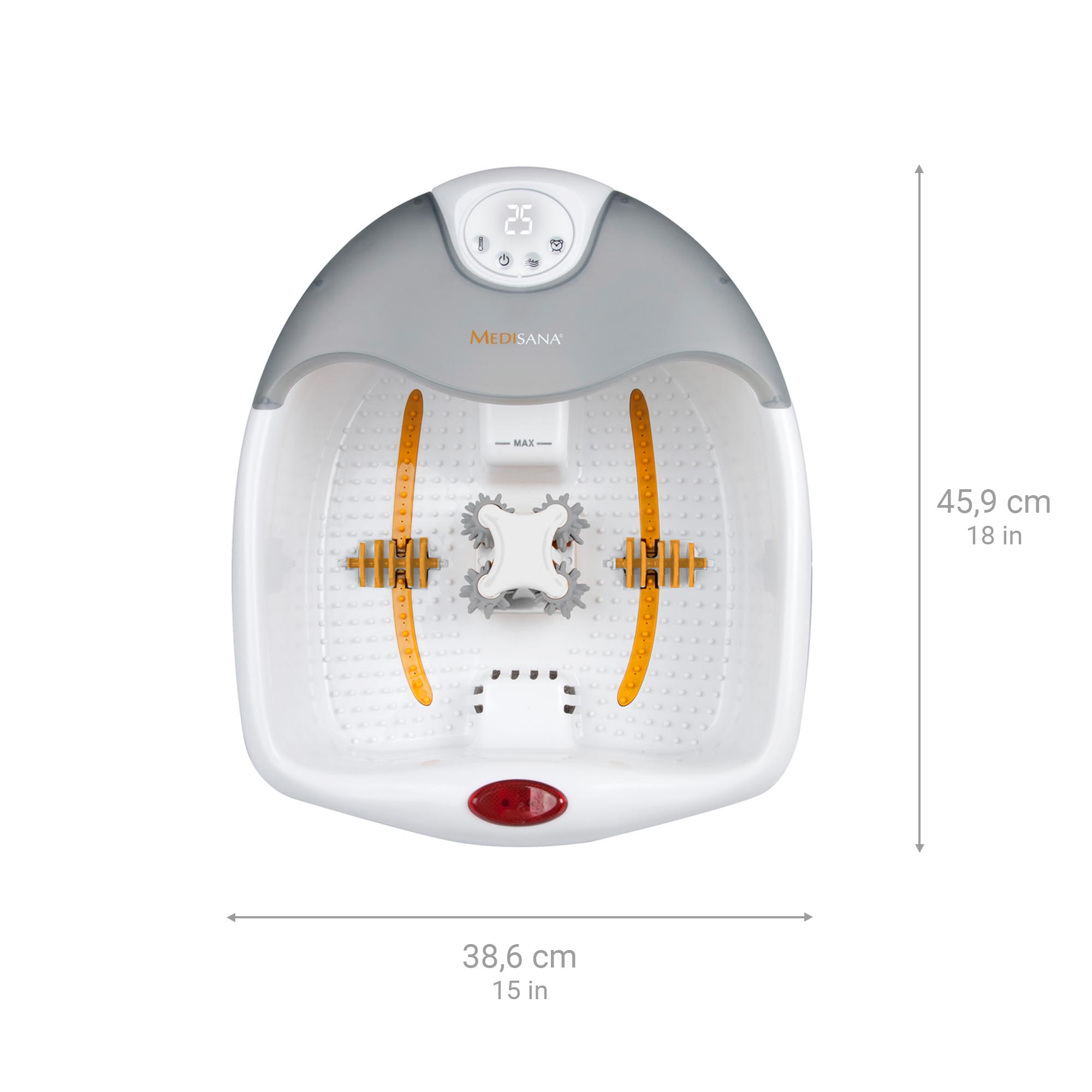 White foot spa with orange rollers. Grey top and white background.