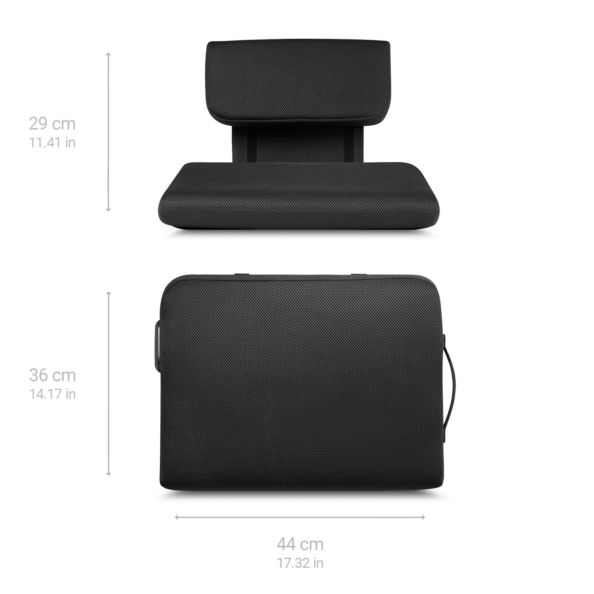 Two black cushions, one with a headrest and the other rectangular, with dimensions in centimeters and inches.