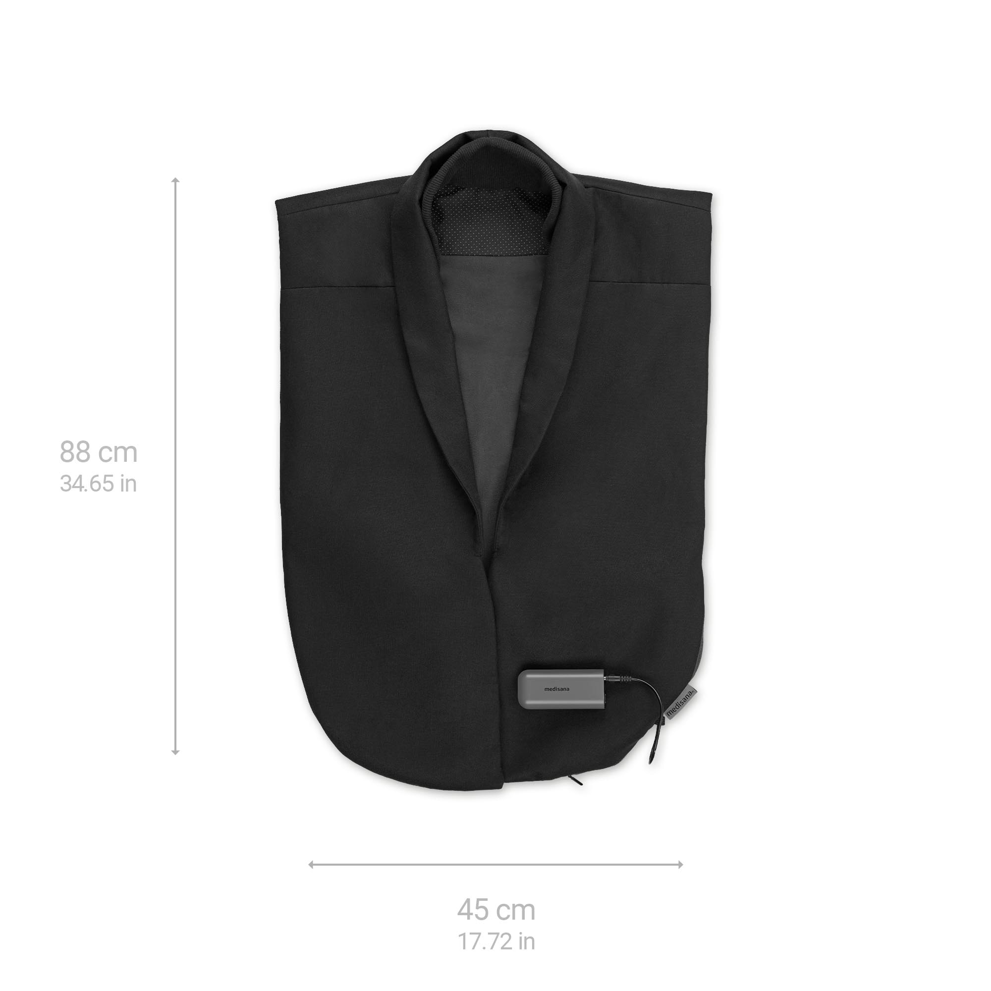 Envoltura para cuello con calefacción negra con medidas. Dimensiones en cm y pulgadas.