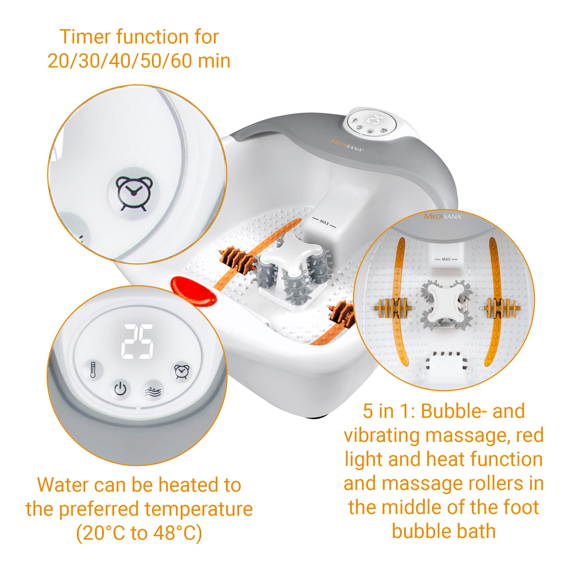 Foot spa with timer, heat, massage rollers, and bubbles.