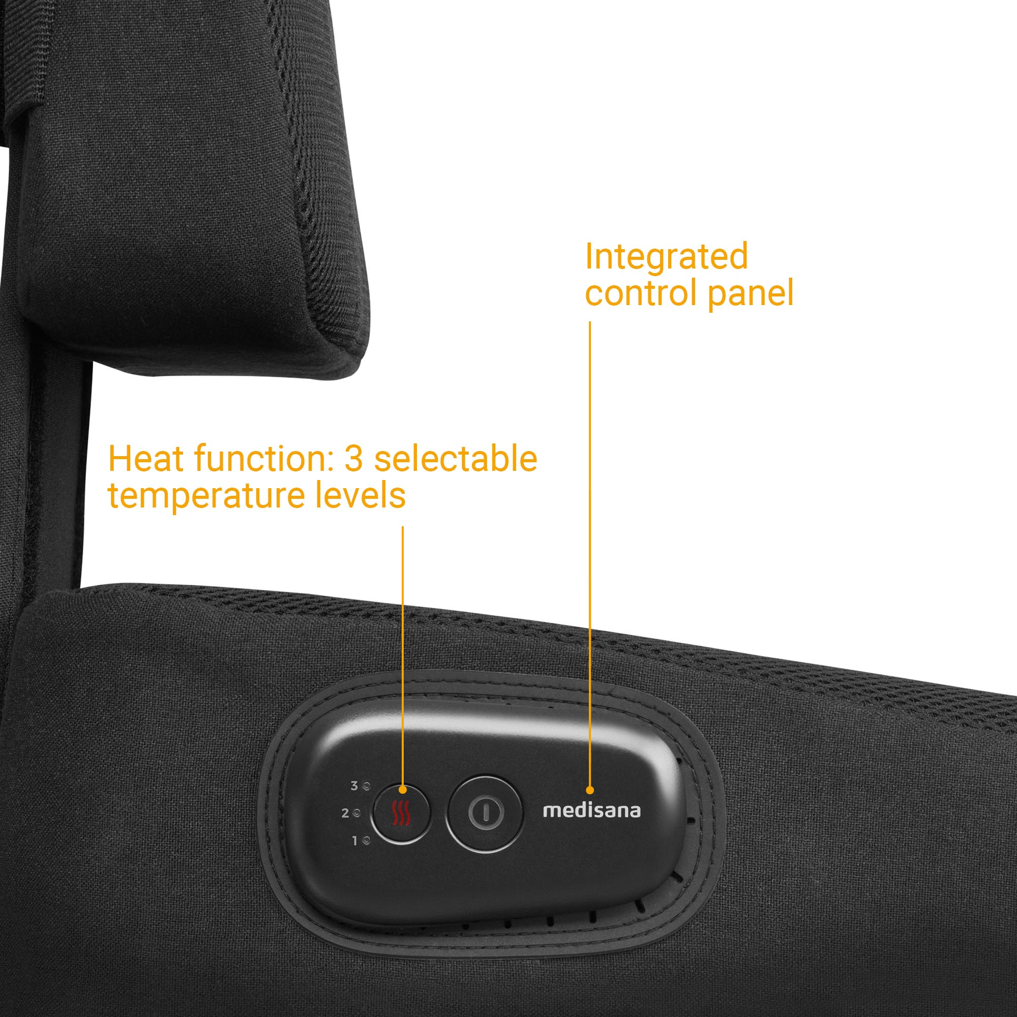 Close-up of a black control panel with three temperature settings and the brand name.
