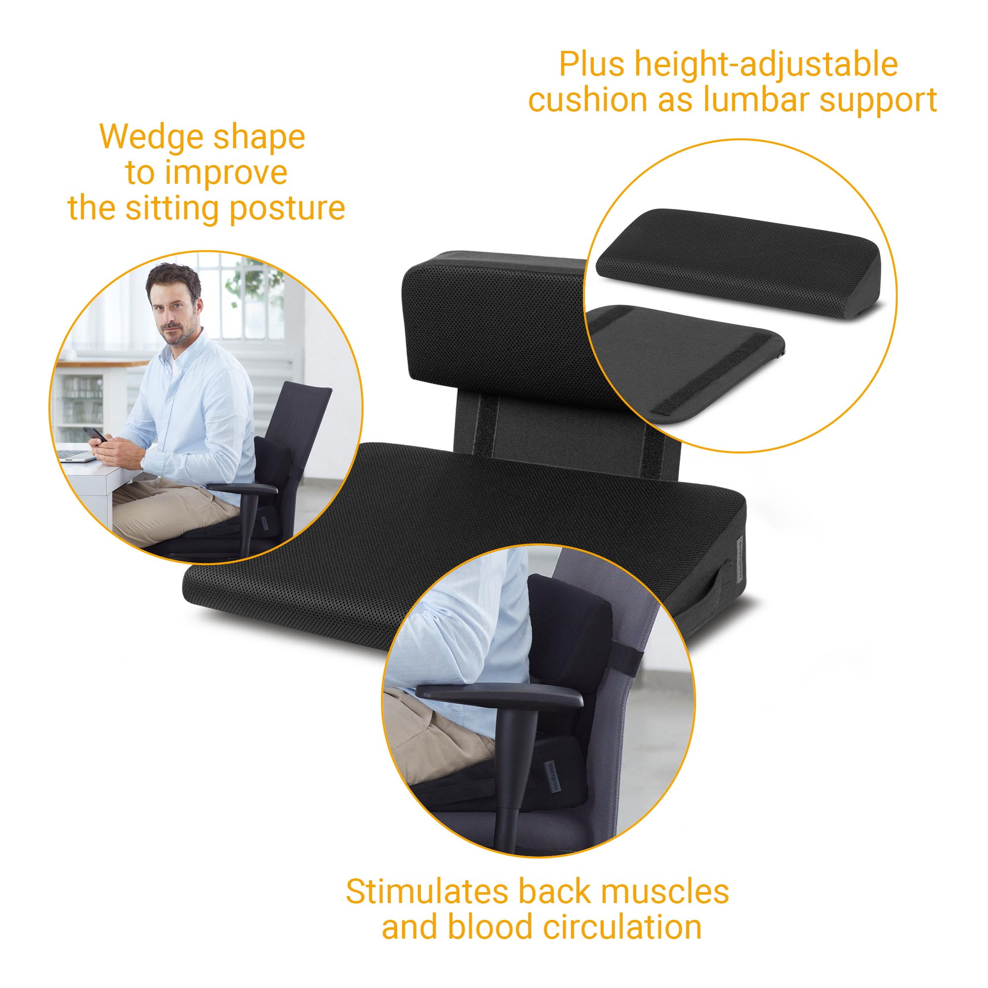 Diagram showing lumbar support cushion. Man in chair, text boxes on functions. Black cushion.