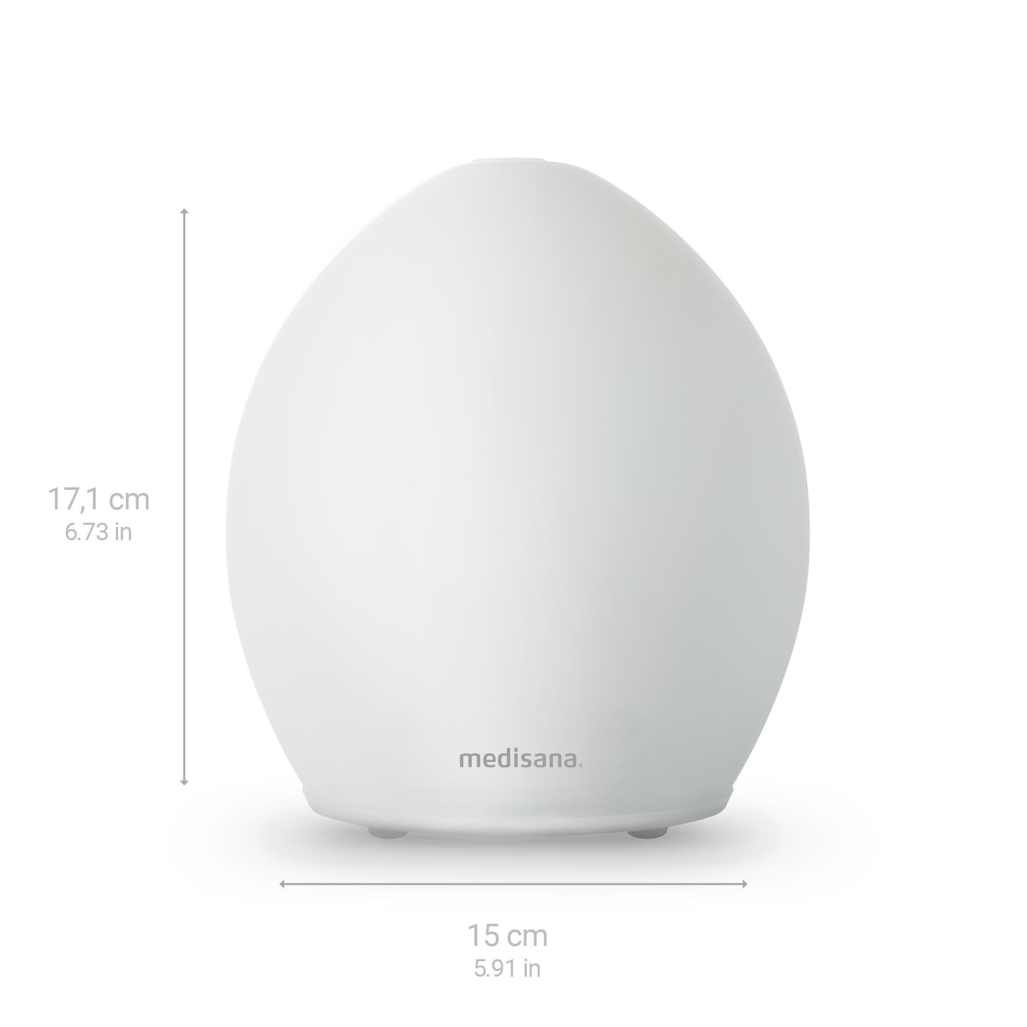 White, egg-shaped air humidifier, with dimensions labeled. 'Medisana' is written on it.