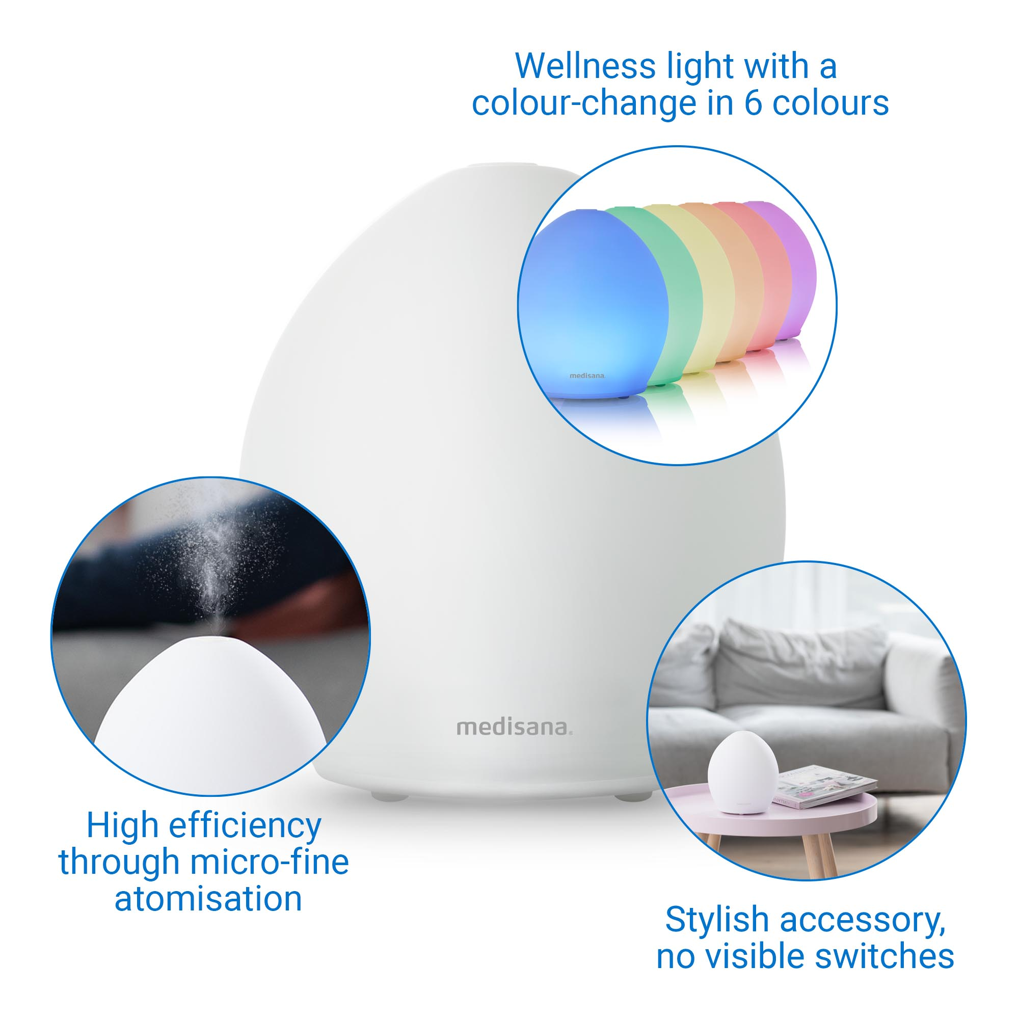 A white aromatherapy diffuser with a color-changing light, a small spray and a stylish accessory.