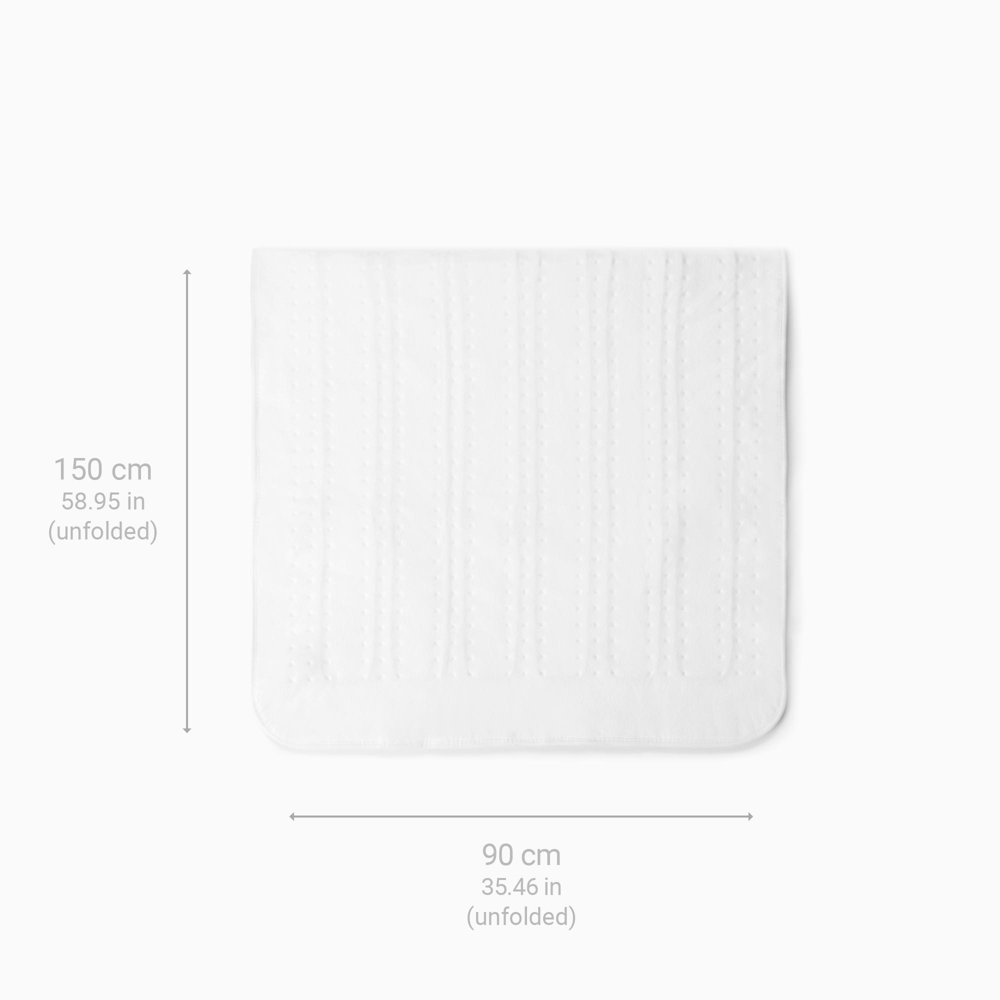 Weiße Decke, vermessen. Sie ist 150 cm (58,95 Zoll) ausgeklappt, 90 cm (35,46 Zoll) ausgeklappt.